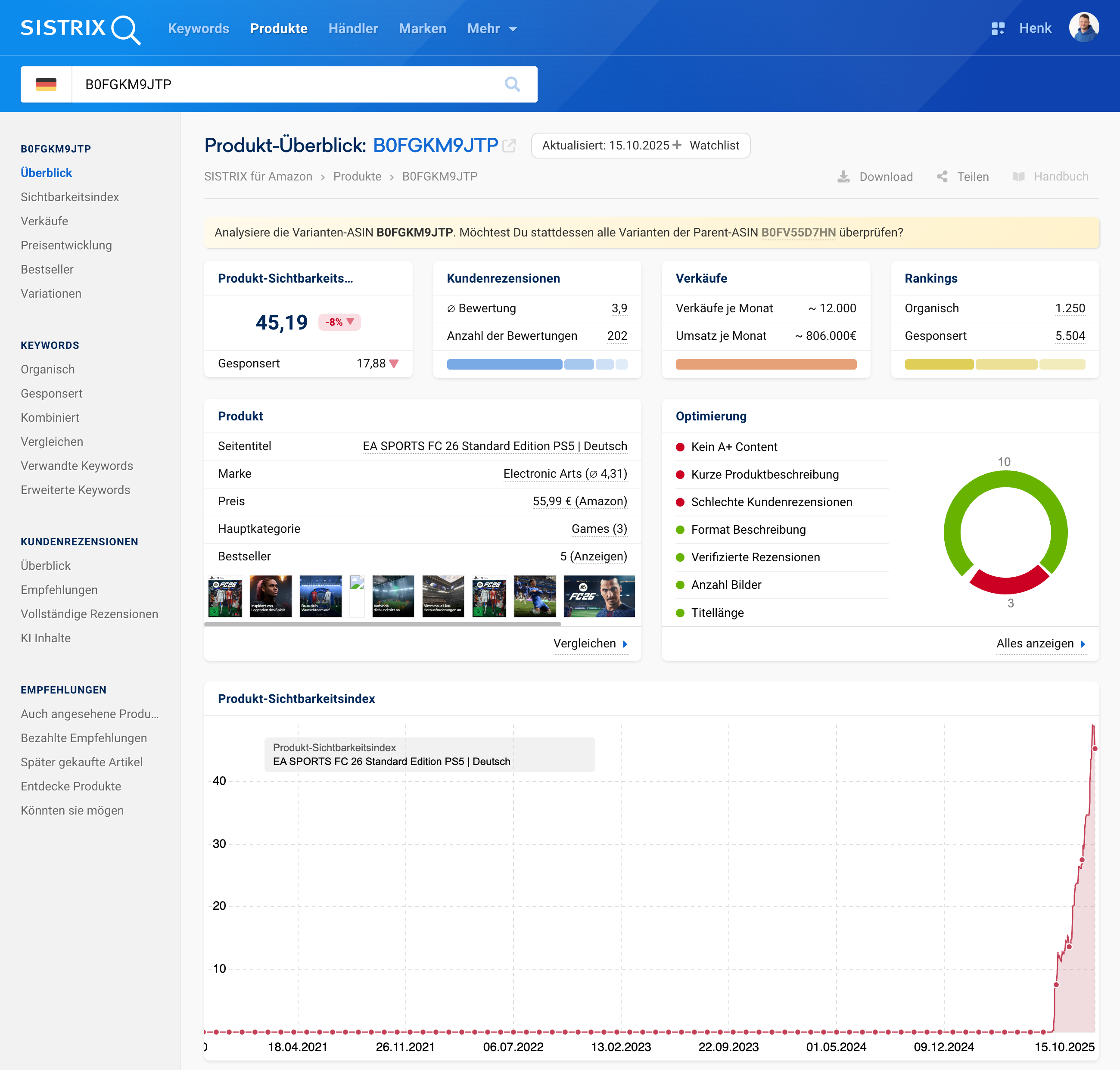 Produktübersicht des EA Fußball-Videospiels auf SISTRIX für Amazon.