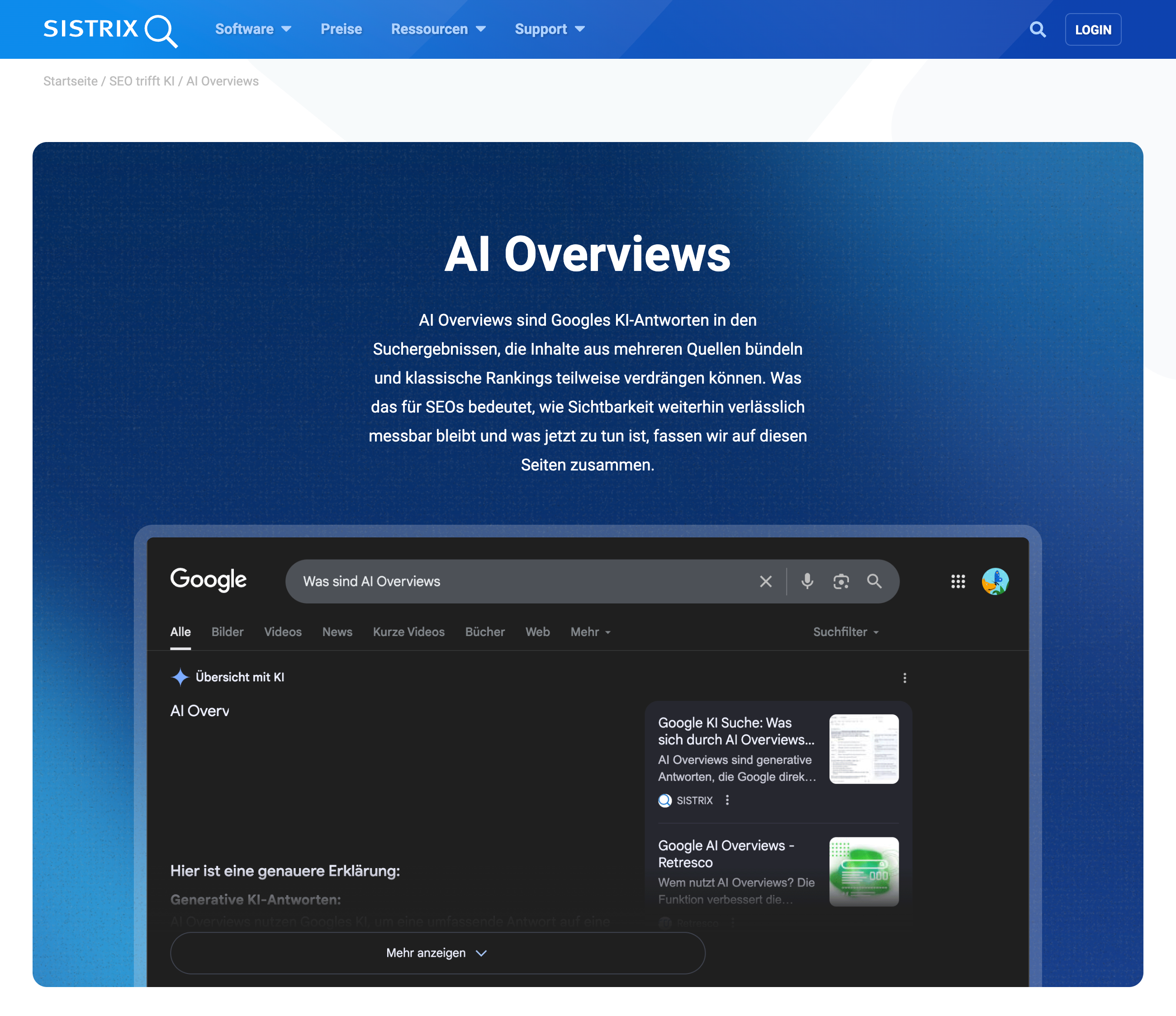 Abschnitt zu AI Overviews mit Erklärung und Screenshot der Google-Suchergebnisse.