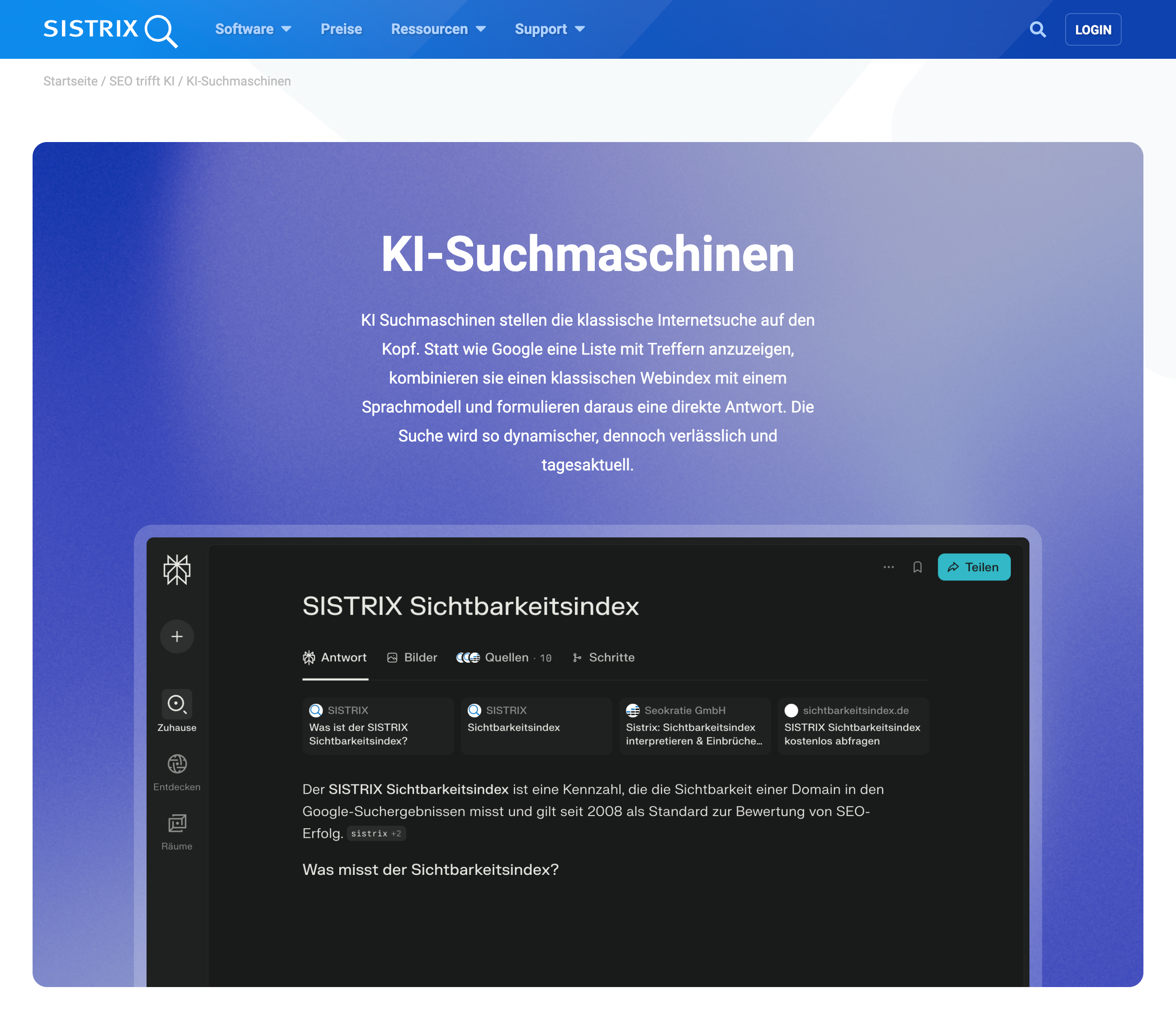 Abschnitt zu KI-Suchmaschinen mit Beschreibung und Beispielansicht des SISTRIX Sichtbarkeitsindex.