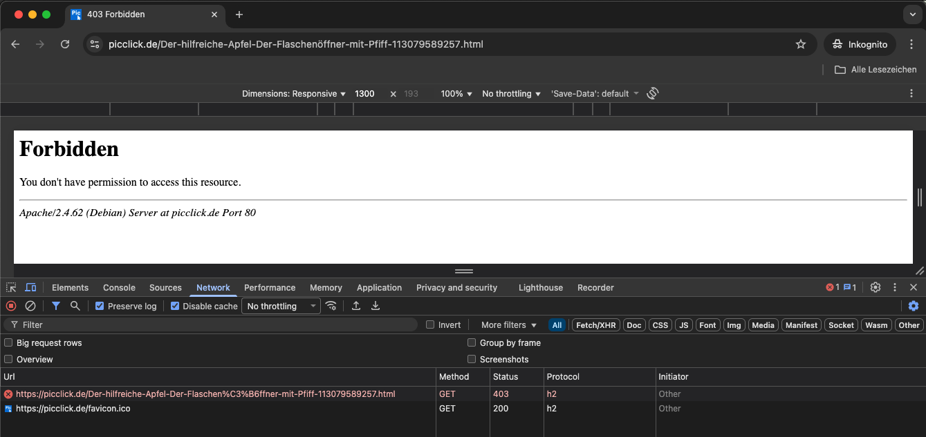 Screenshot einer PicClick-Detailseite “Forbidden” mit dem Status Code 403.
