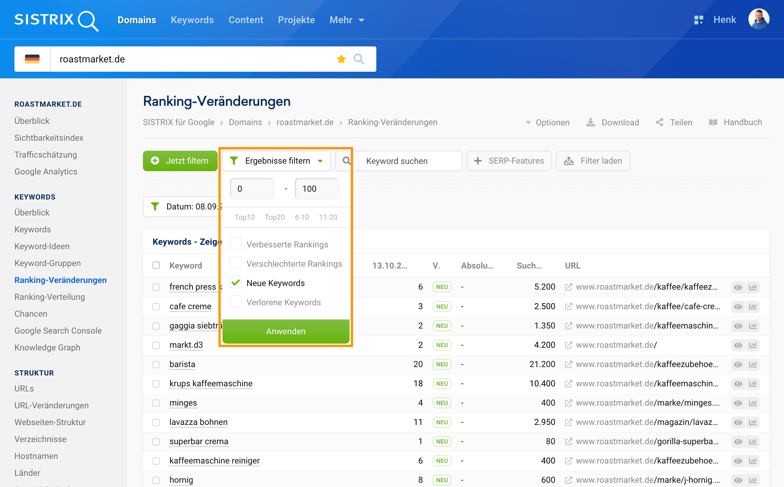 Screenshot der Ranking-Veränderungen in SISTRIX für roastmarket.de mit aktivem Filter auf neue Keywords in den Top 100.