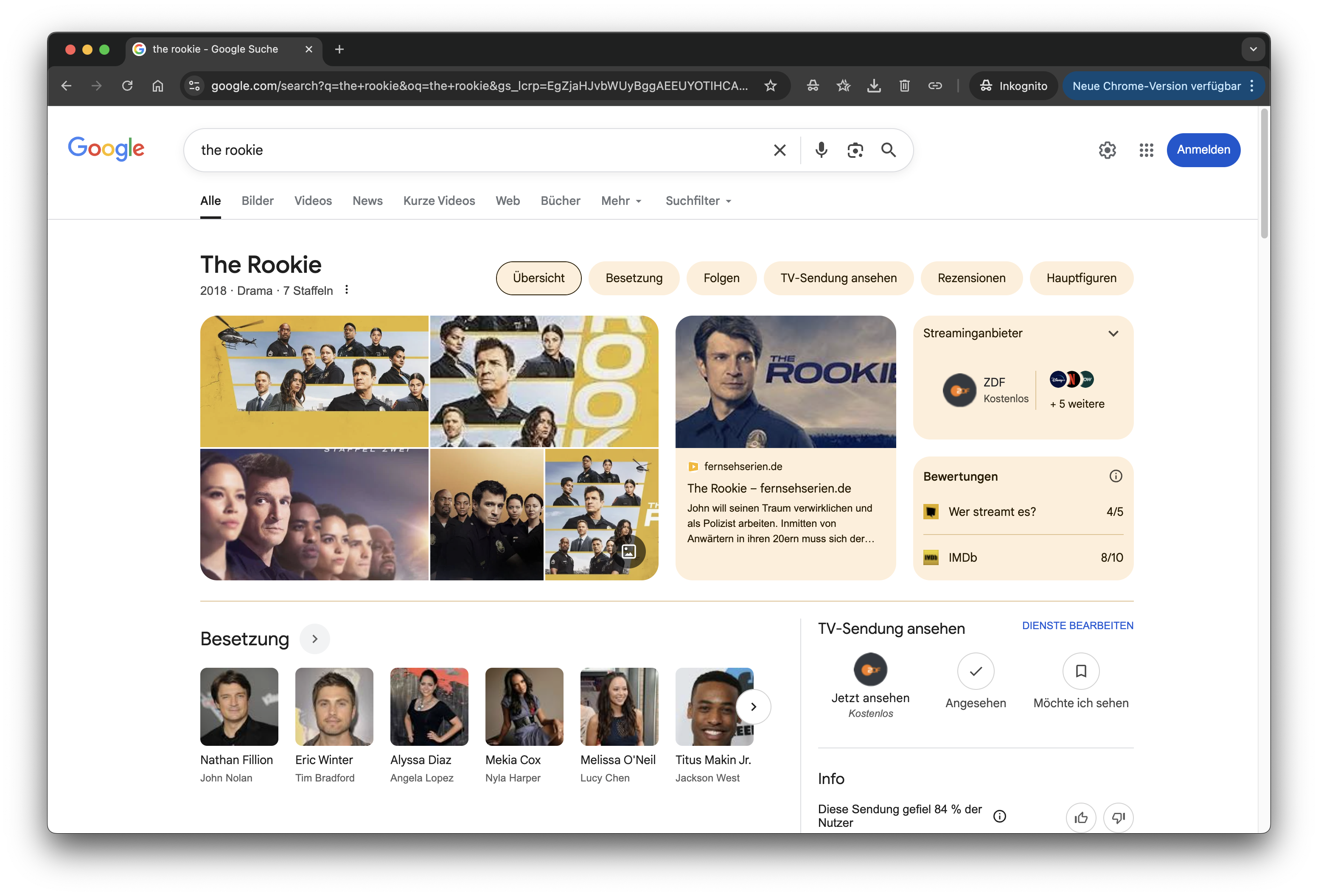 Auf der SERP zu [the rookie] ist auf dem Desktop ein Knowledge Panel von Google über die komplette Breite inklusive Angaben zu Staffeln, Besetzung, Folgen, Rezensionen, Hauptfiguren und Streaming-Anbietern.