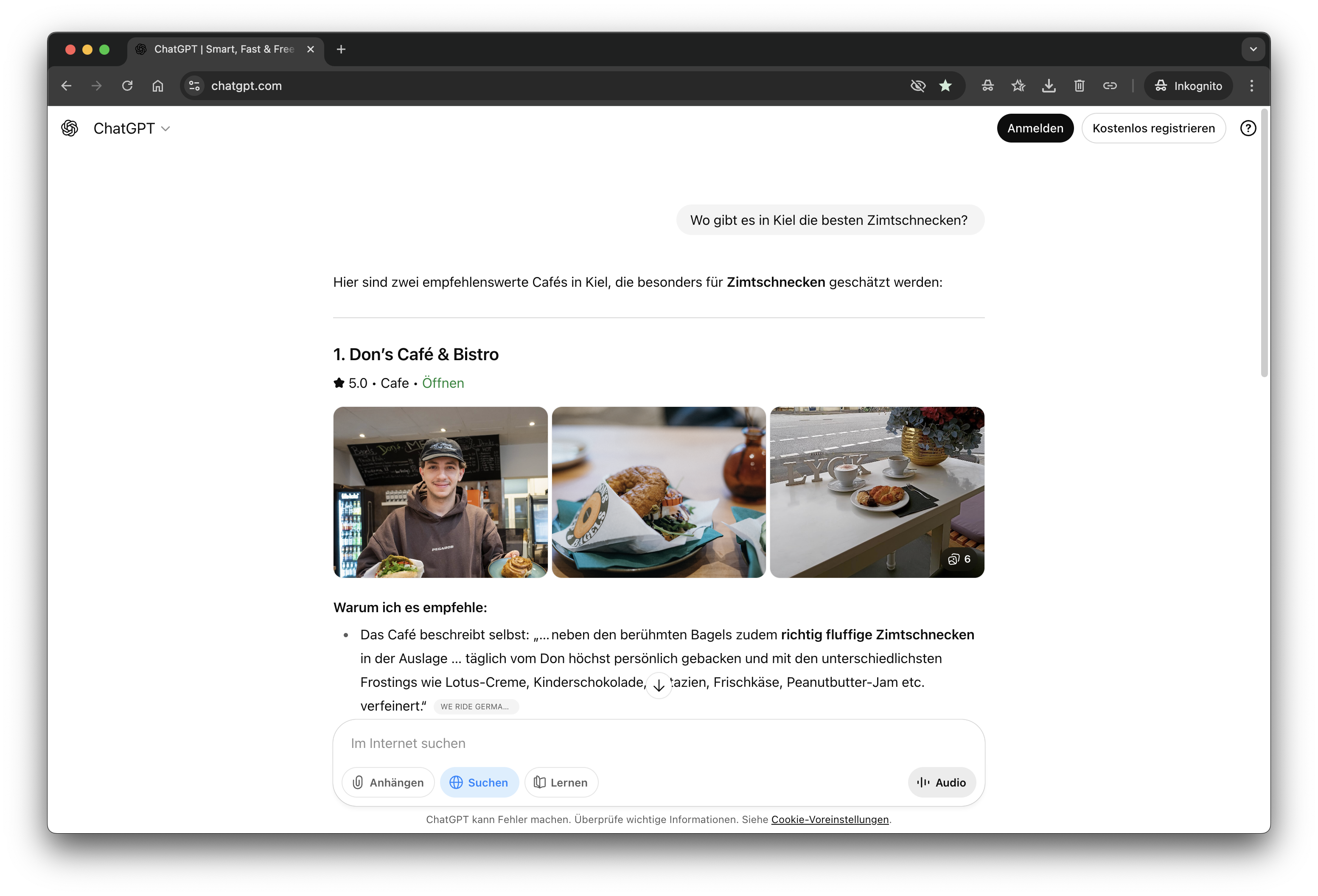 ChatGPT zeigt Empfehlung für Don’s Café & Bistro in Kiel mit Fotos und Hinweis auf die beliebten Zimtschnecken.