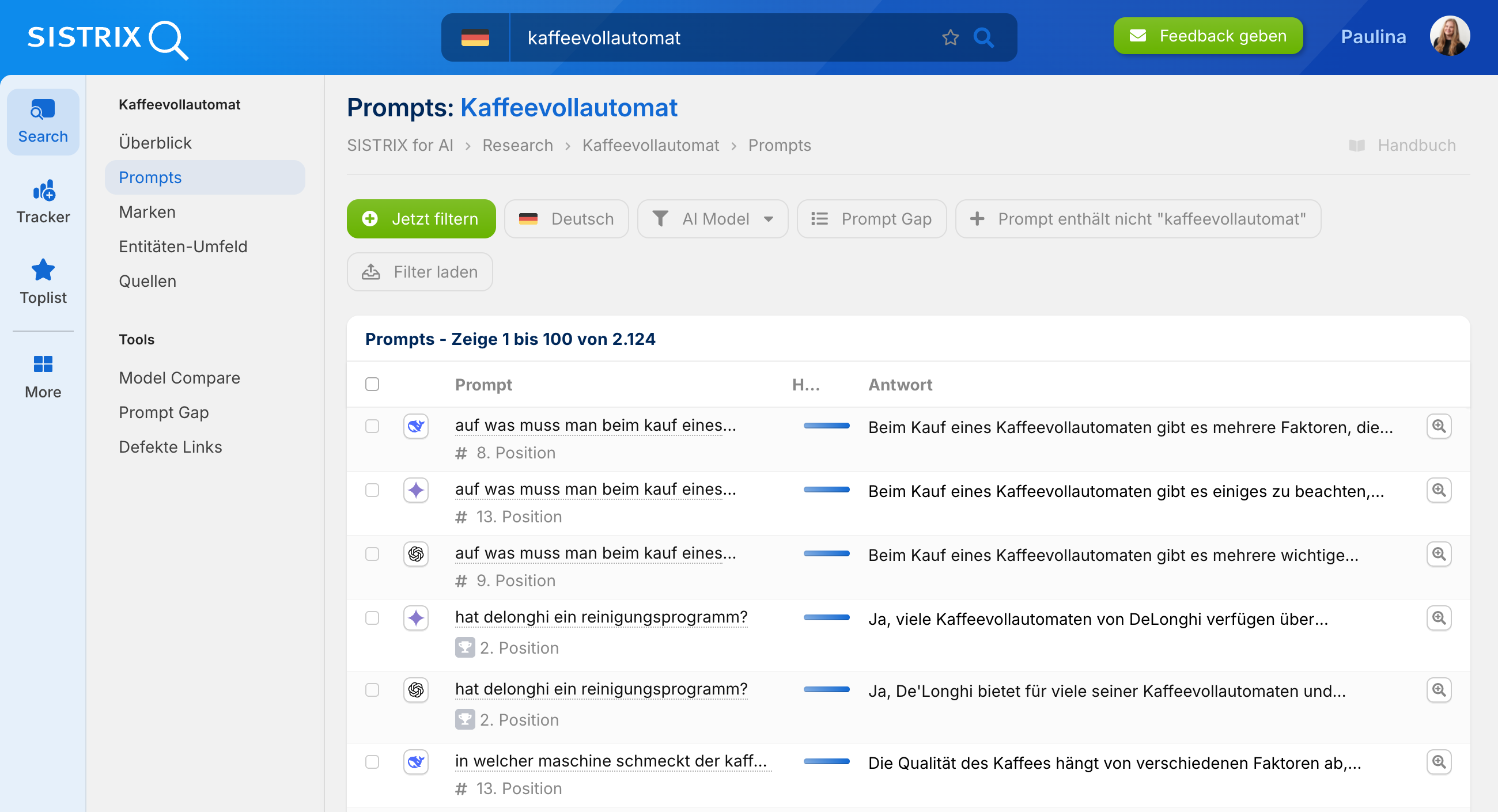 Screenshot des Prompt-Bereichs in SISTRIX mit häufigen Nutzerfragen zu Kaffeevollautomaten.