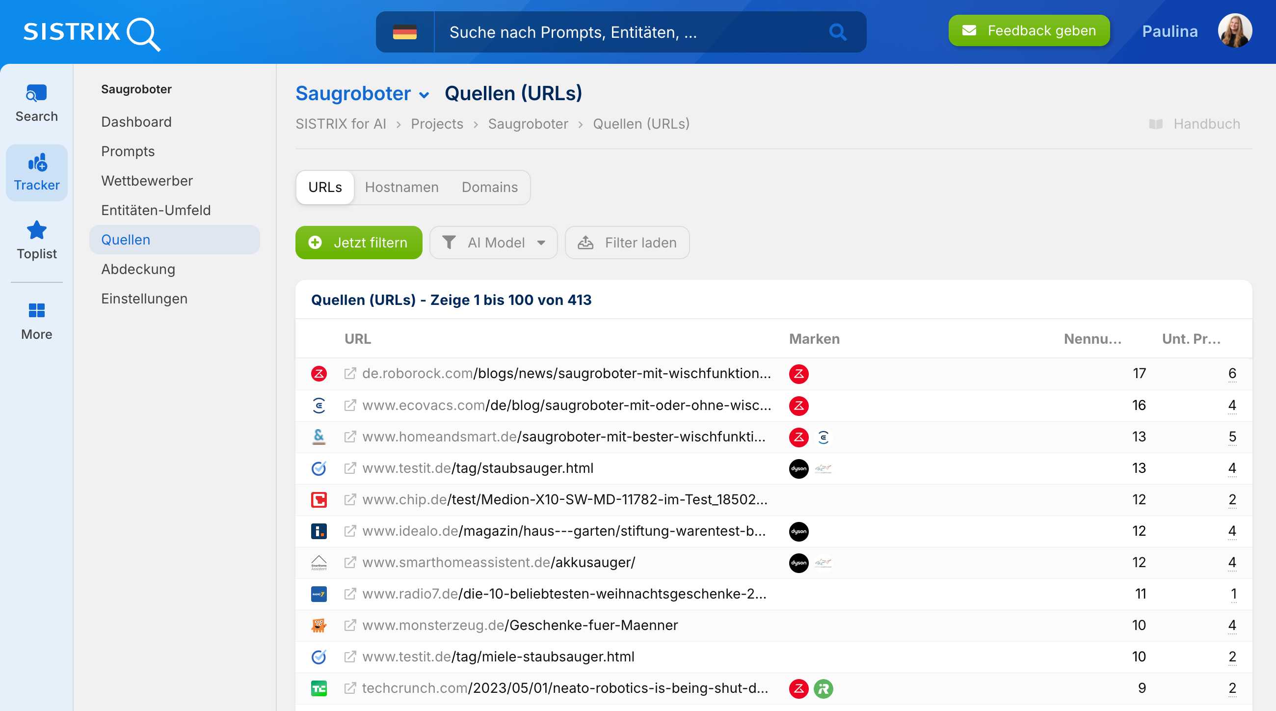 Screenshot der SISTRIX Quellenliste mit URLs, die als Quelle für Saugroboter-Antworten genannt werden.