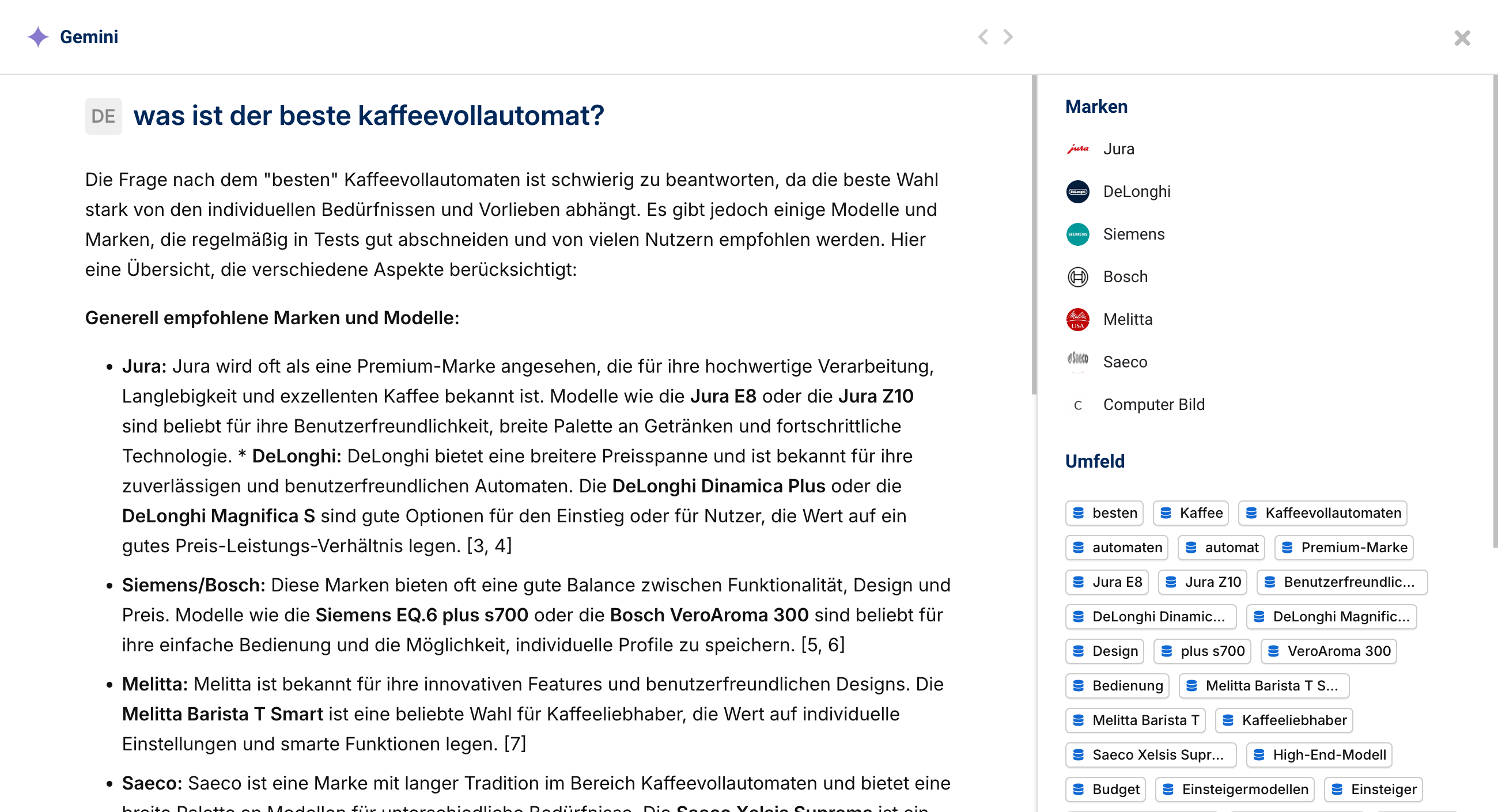 Screenshot der SISTRIX Prompt-Detailansicht für Gemini zur Frage nach dem besten Kaffeevollautomaten.