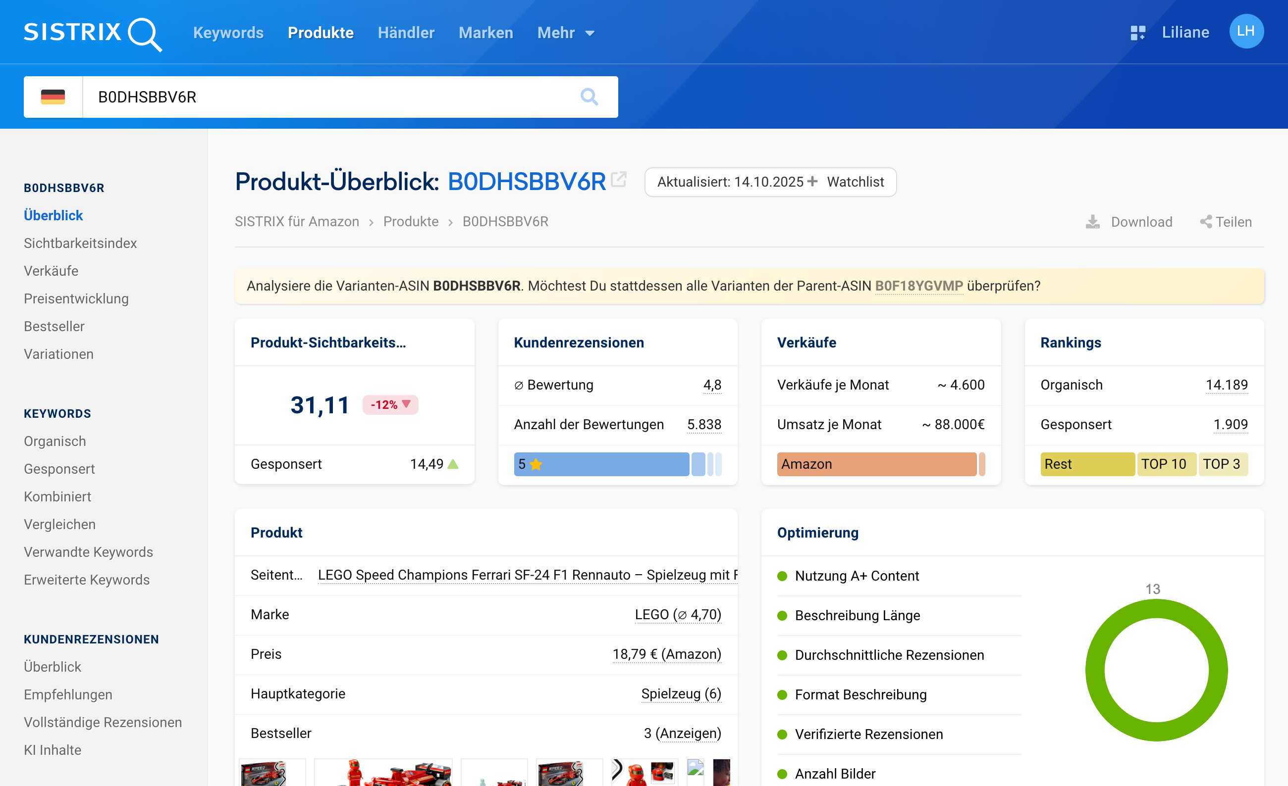 Produktübersicht des Ferrari-Models von LEGO auf SISTRIX für Amazon.