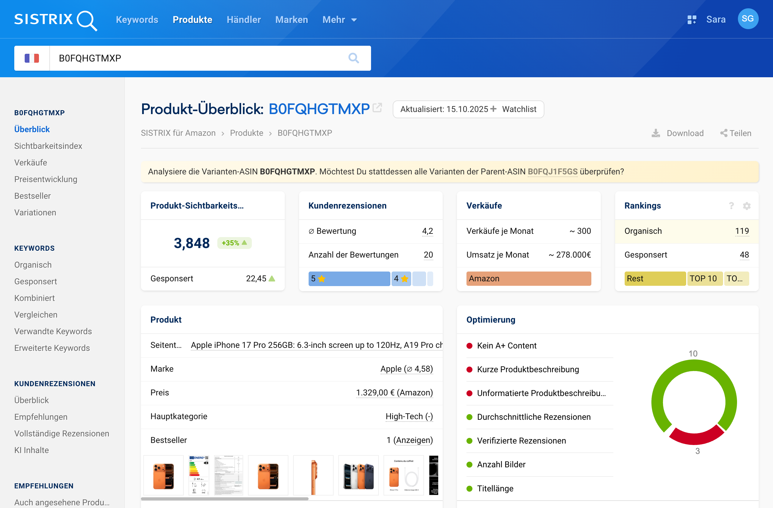 Produktübersicht des iPhone 17 Pro von Apple auf SISTRIX für Amazon.