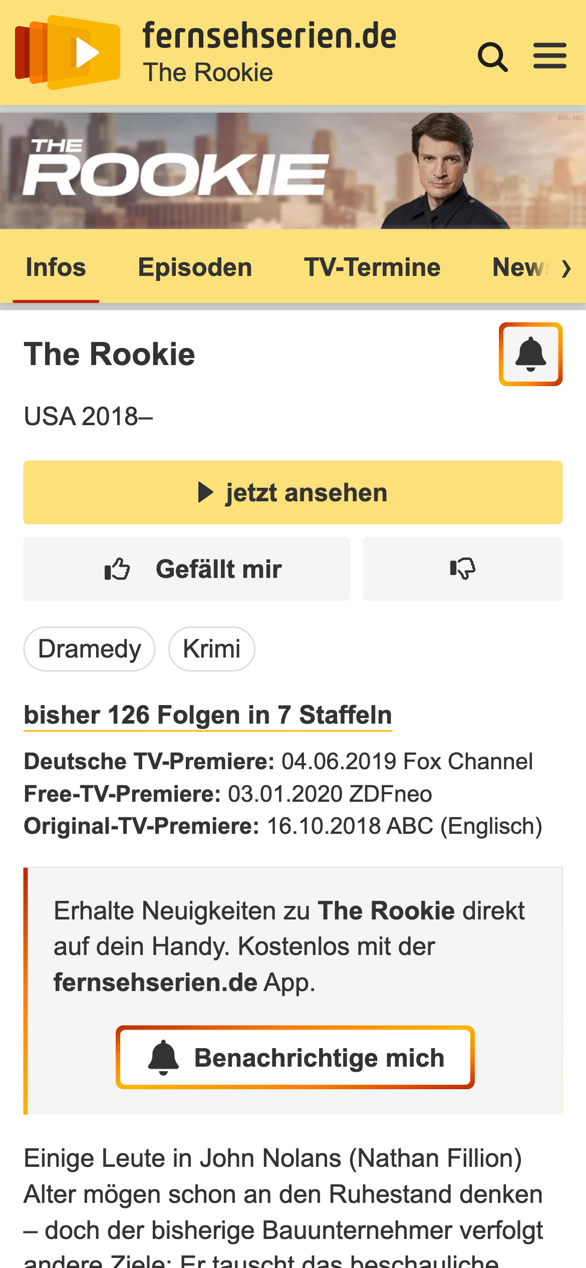 Screenshot der Hub-Seite von Fernsehserien zu “The Rookie”.
