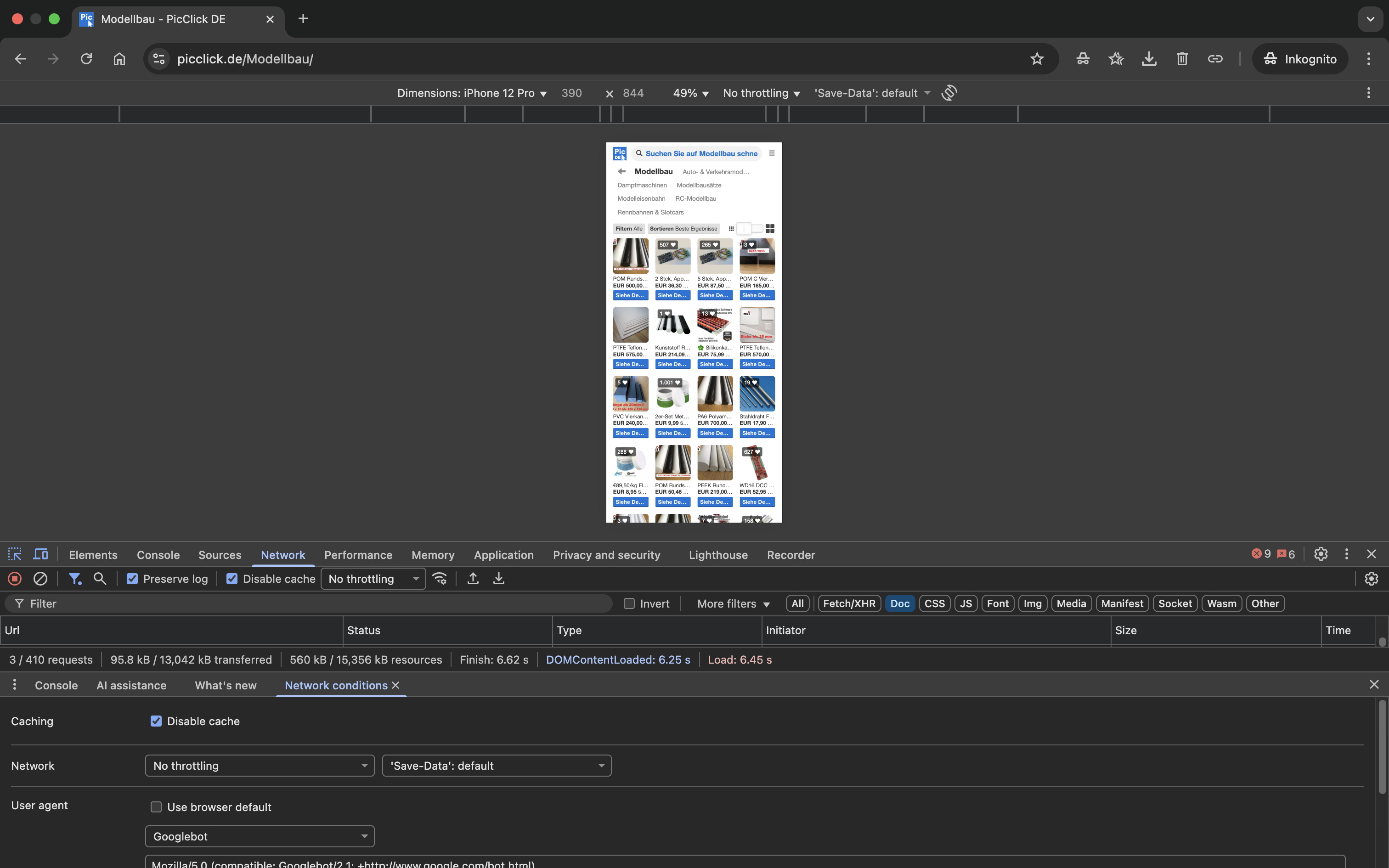 Screenshot derselben PicClick-Detailseite wie im zweiten Versuch, diesmal mit einem riesigen Product-Listing zu “Modellbau”.