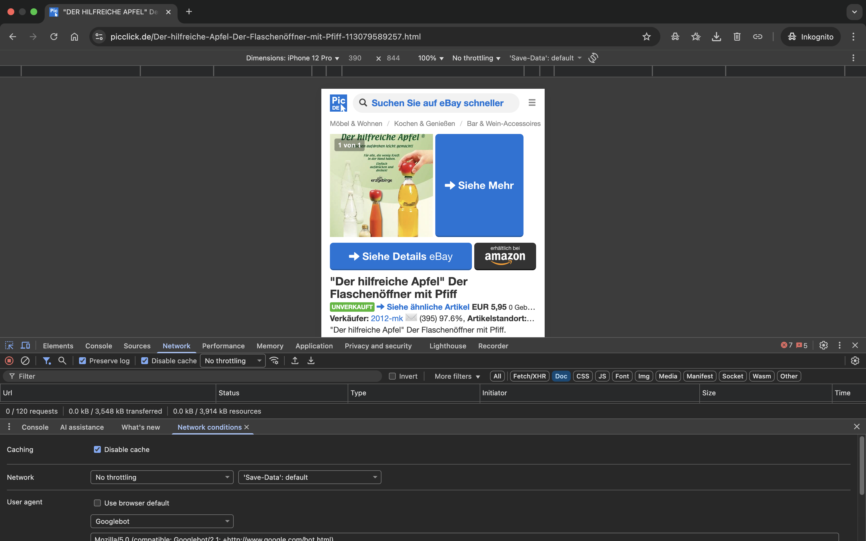 Screenshot derselben PicClick-Detailseite wie im ersten Versuch, diesmal mit Content zu “Der hilfreiche Apfel”.