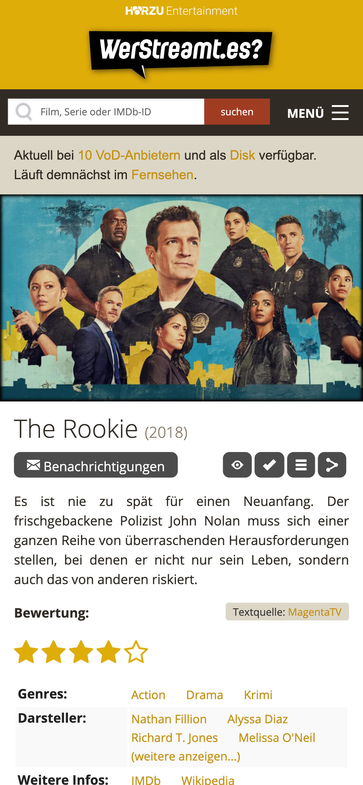 Screenshot der Hub-Seite von Wer streamt es zu “The Rookie”.
