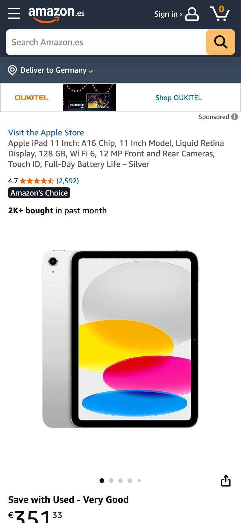Amazon.es Produktseite für Apple iPad 11 Zoll mit Preis, Bewertungen und Hinweis „2K+ bought“.