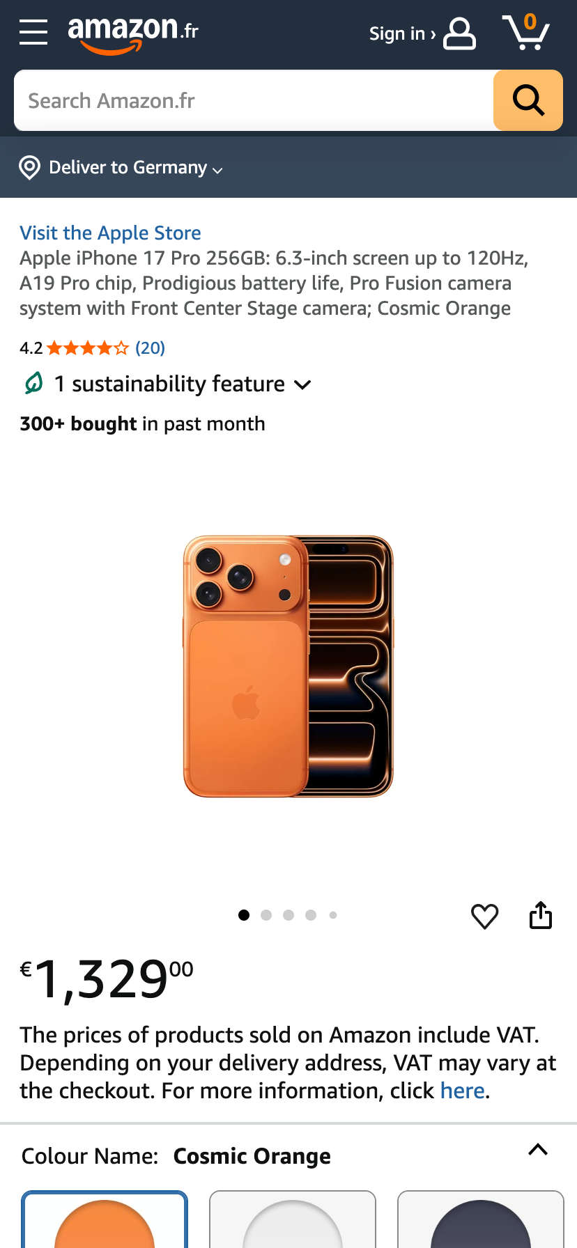 Amazon.fr Produktseite für De’Longhi Entkalker mit Bild von Flasche und Verpackung sowie „10K+ bought“.