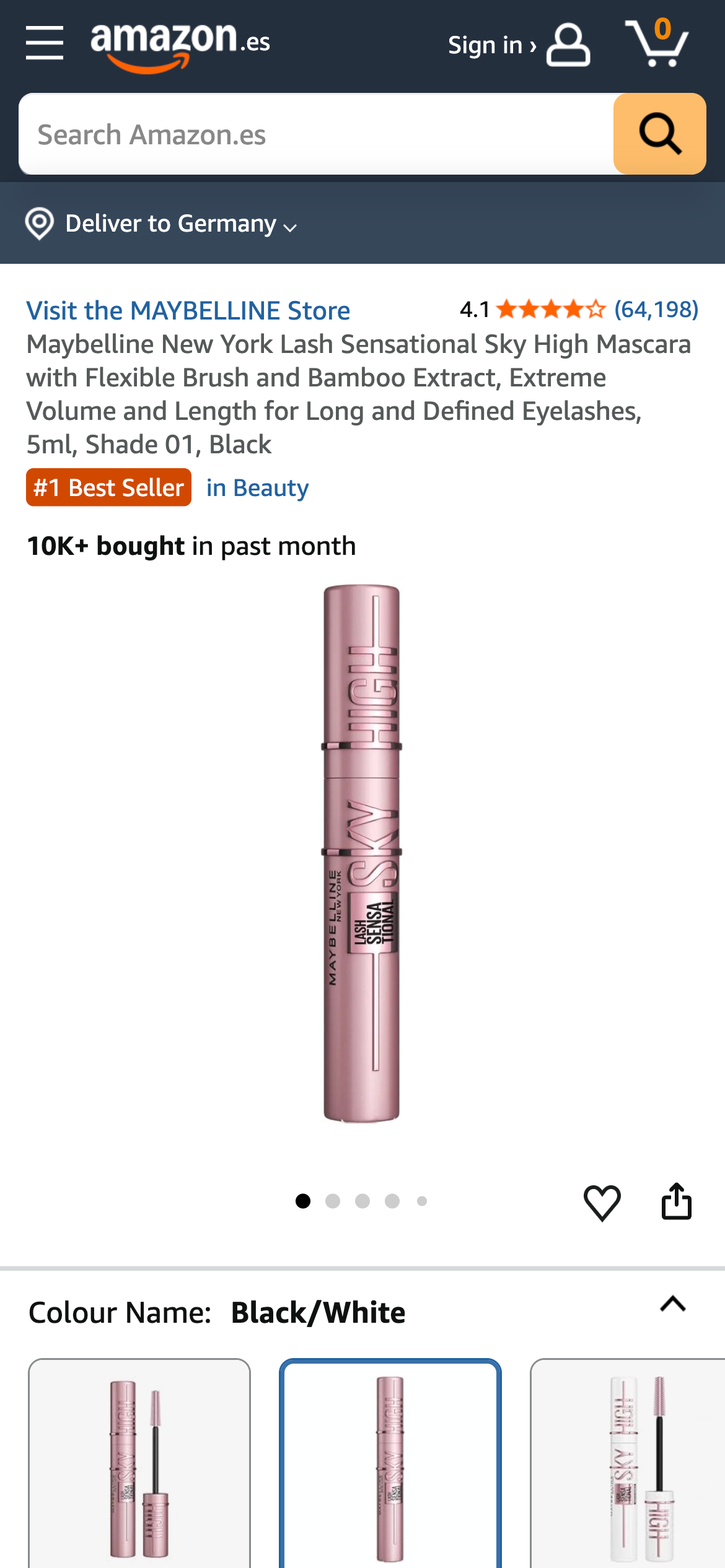 Amazon.es Produktseite für Maybelline Sky High Mascara als Bestseller im Beauty-Bereich.