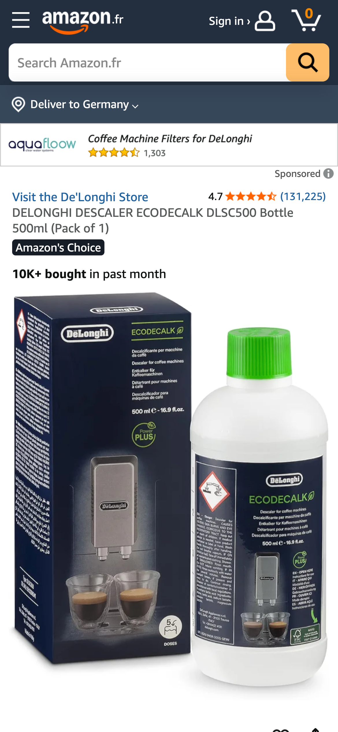 Amazon.fr Produktseite für De’Longhi Ecodecalk Entkalker mit hoher Bewertung und Verkaufszahl.