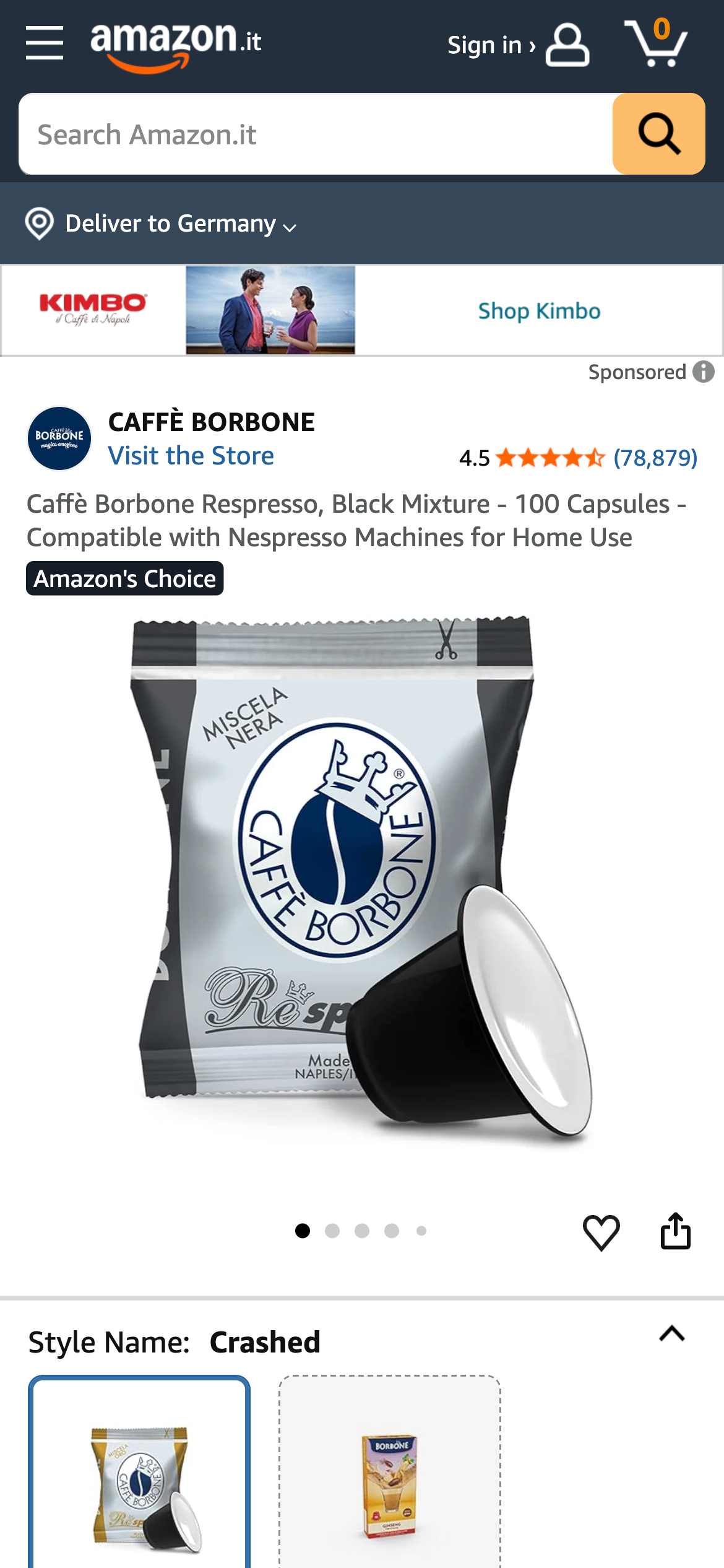 Amazon.it Produktseite für Caffè Borbone Espresso-Kapseln, kompatibel mit Nespresso-Maschinen.