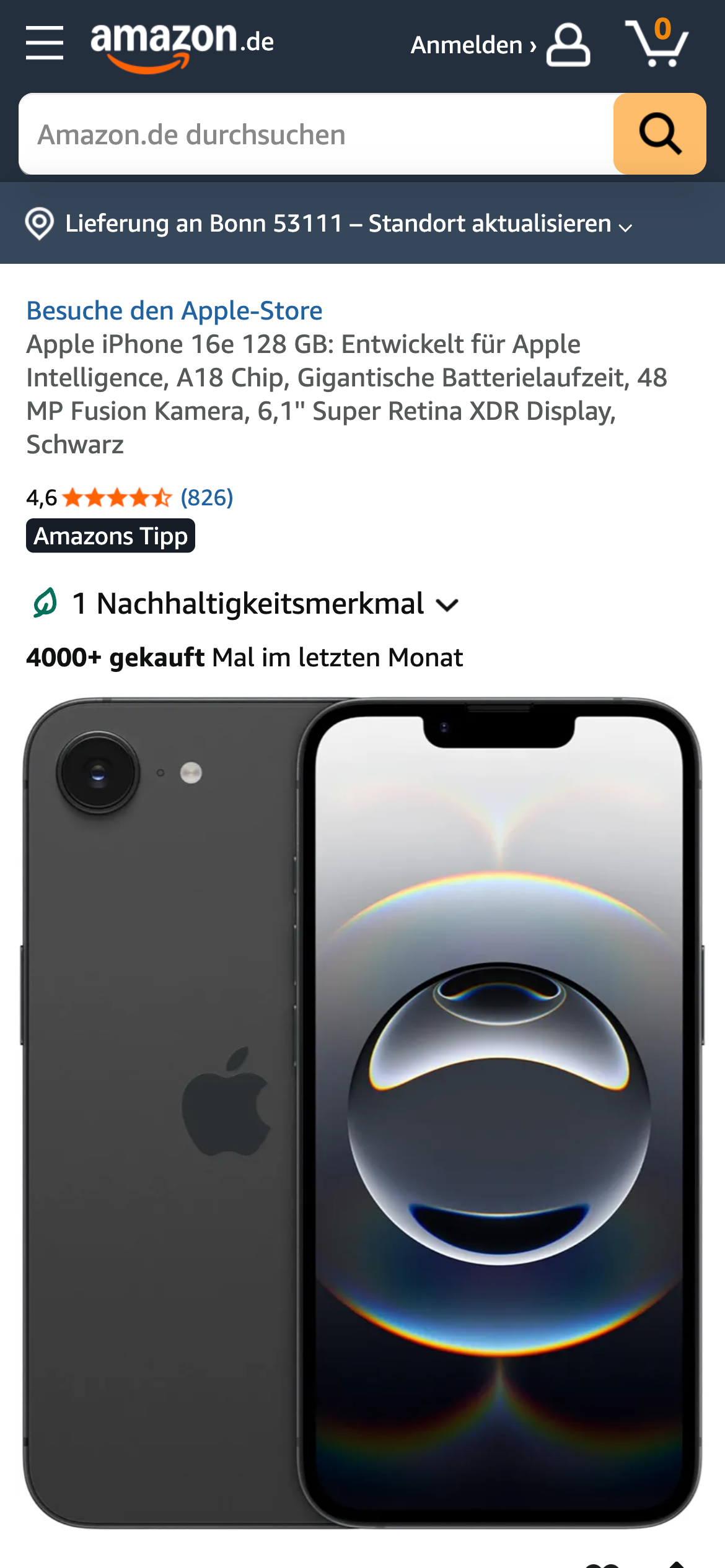 Amazon Produktseite für Apple iPhone 16e mit Beschreibung, Bewertungen und Verkaufsangabe.