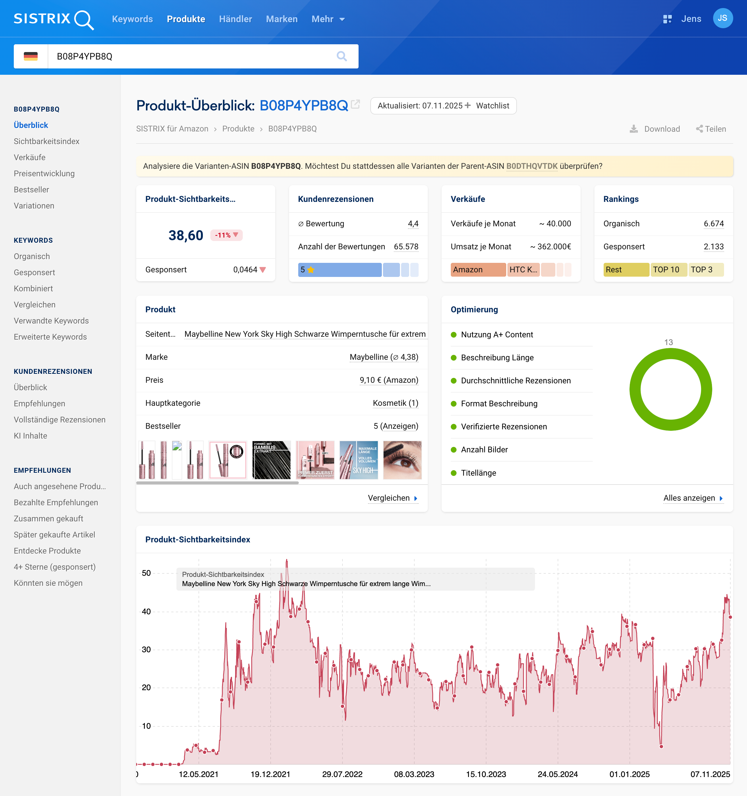 SISTRIX Amazon Produktübersicht für Maybelline Wimperntusche mit Sichtbarkeitsindex, Bewertungen, Verkäufen und Optimierungshinweisen.