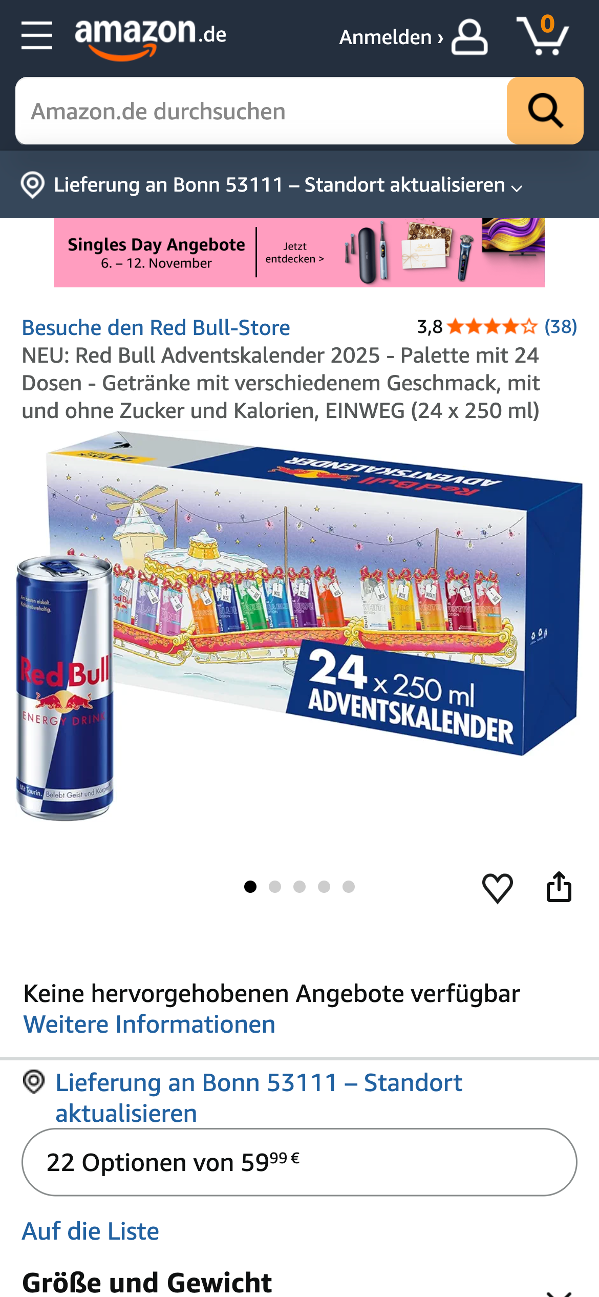 Amazon Produktseite für Red Bull Adventskalender 2025 mit 24 Energy-Drink-Dosen und winterlichem Verpackungsdesign.