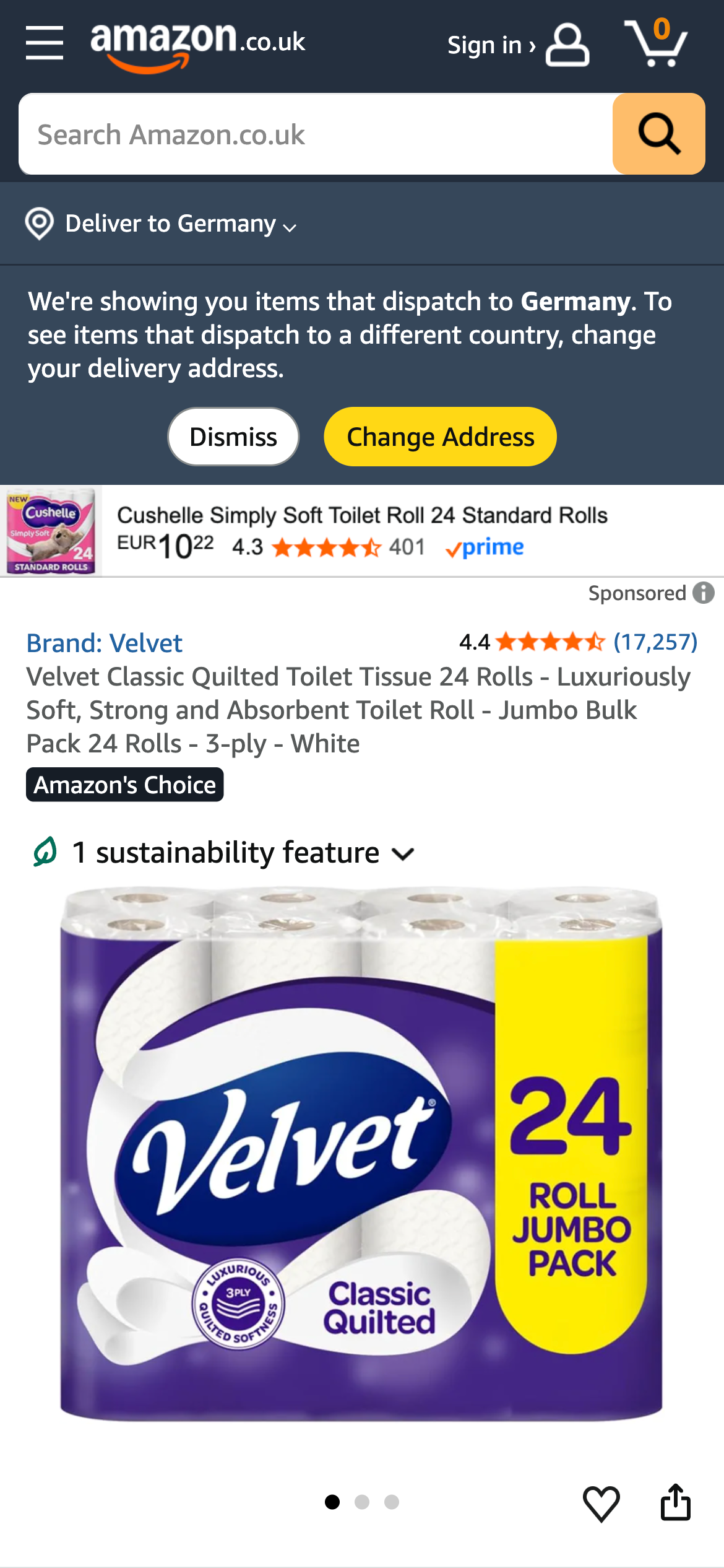 Amazon.co.uk Produktseite für Velvet Toilettenpapier im 24er Jumbo Pack mit Nachhaltigkeitsmerkmal.