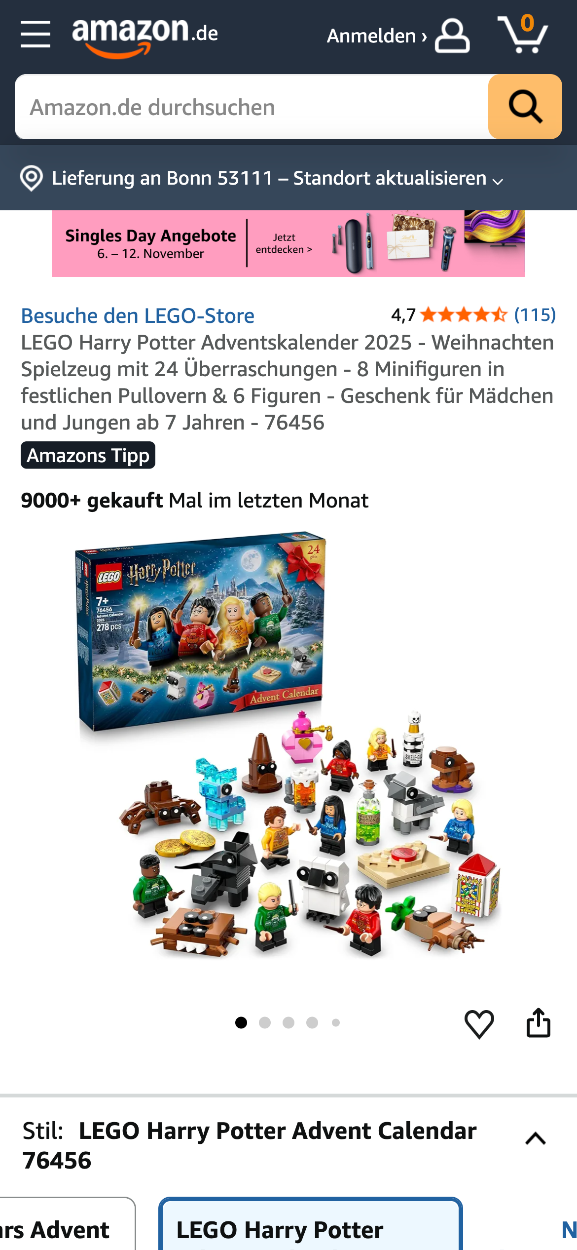 Amazon Produktseite für LEGO Harry Potter Adventskalender 2025 mit Minifiguren und festlichem Zubehör.