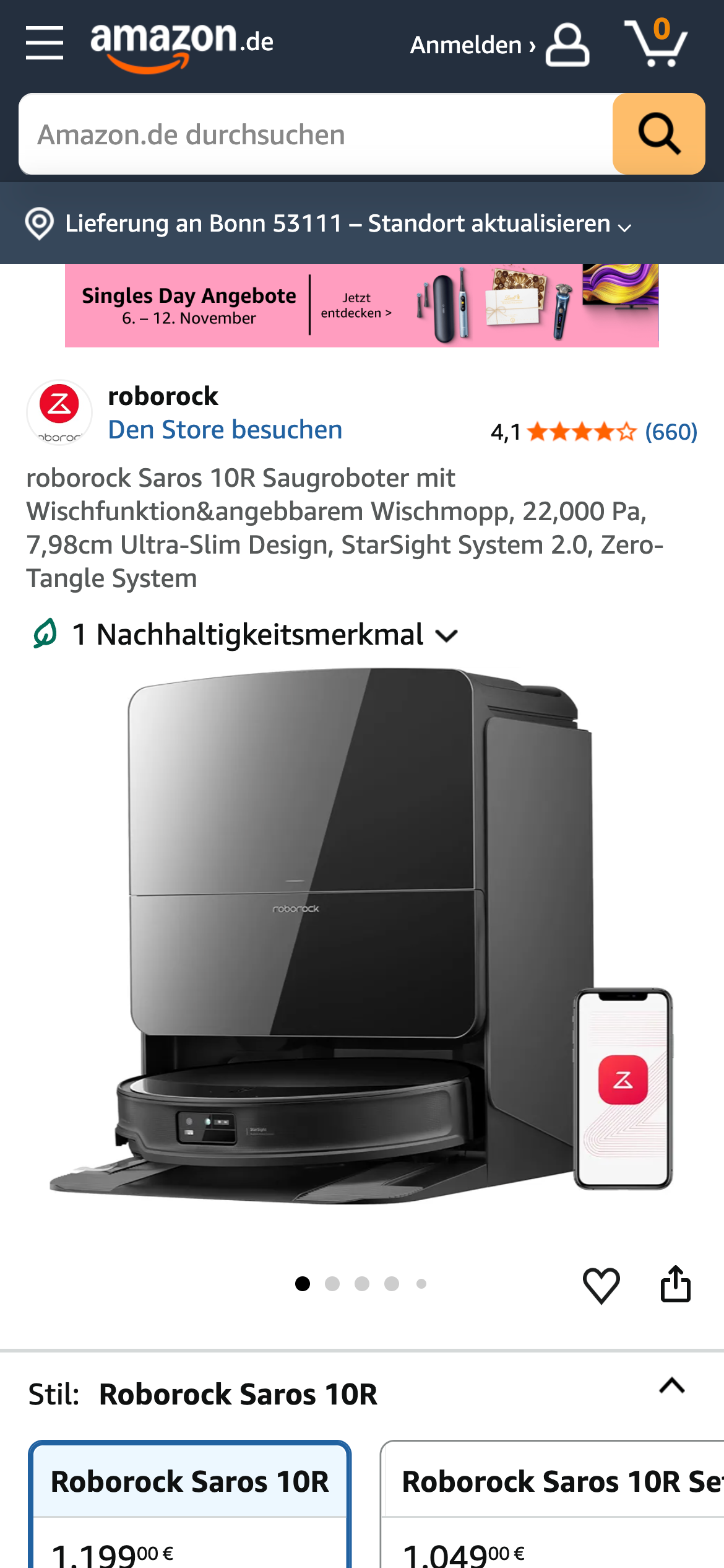 Amazon Produktseite für Roborock Saros 10R Saugroboter mit technischen Details und Nachhaltigkeitsmerkmal.