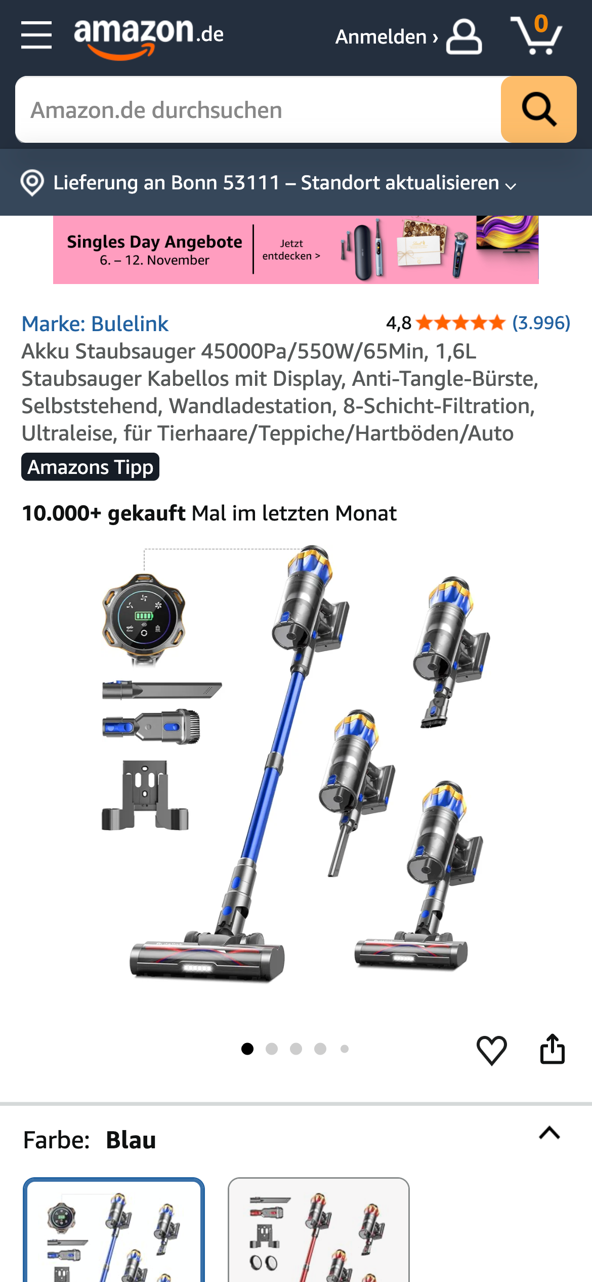 Amazon Produktseite für Bulelink Akku Staubsauger mit Zubehör, Leistungsdaten und hoher Verkaufszahl.