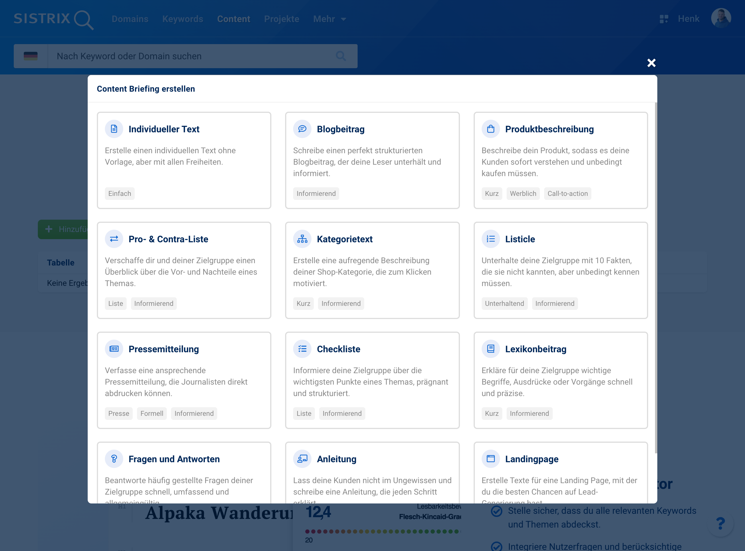 Auswahlfenster im SISTRIX Content Assistant AI mit verschiedenen Textvorlagen wie Blogbeitrag, Produktbeschreibung, Kategorien, Checkliste und Anleitung.