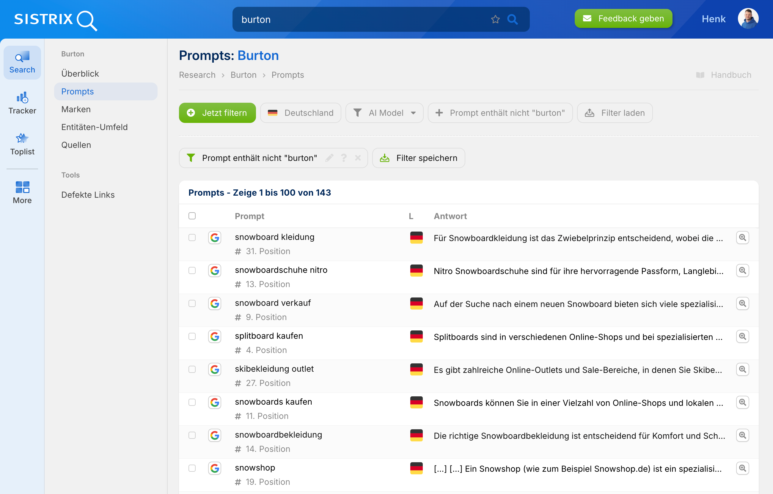 SISTRIX Prompts für Burton mit Liste relevanter Snowboard Begriffe und KI Antworten.
