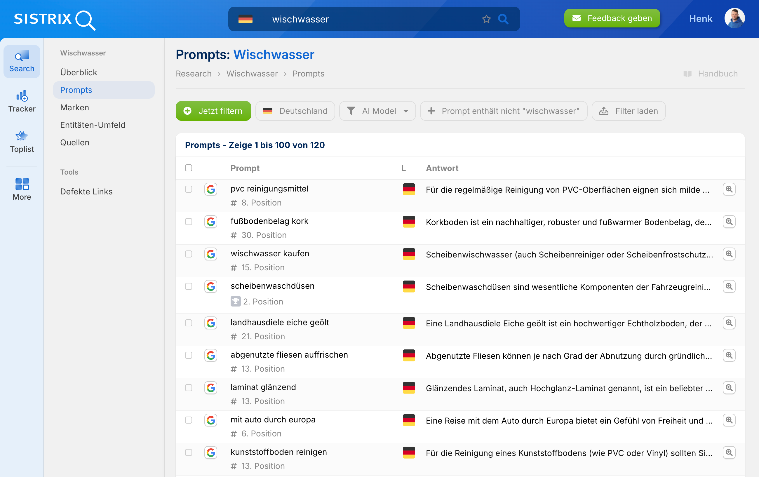 Übersicht der Prompts zu Wischwasser mit Antworten und Positionsangaben in SISTRIX.