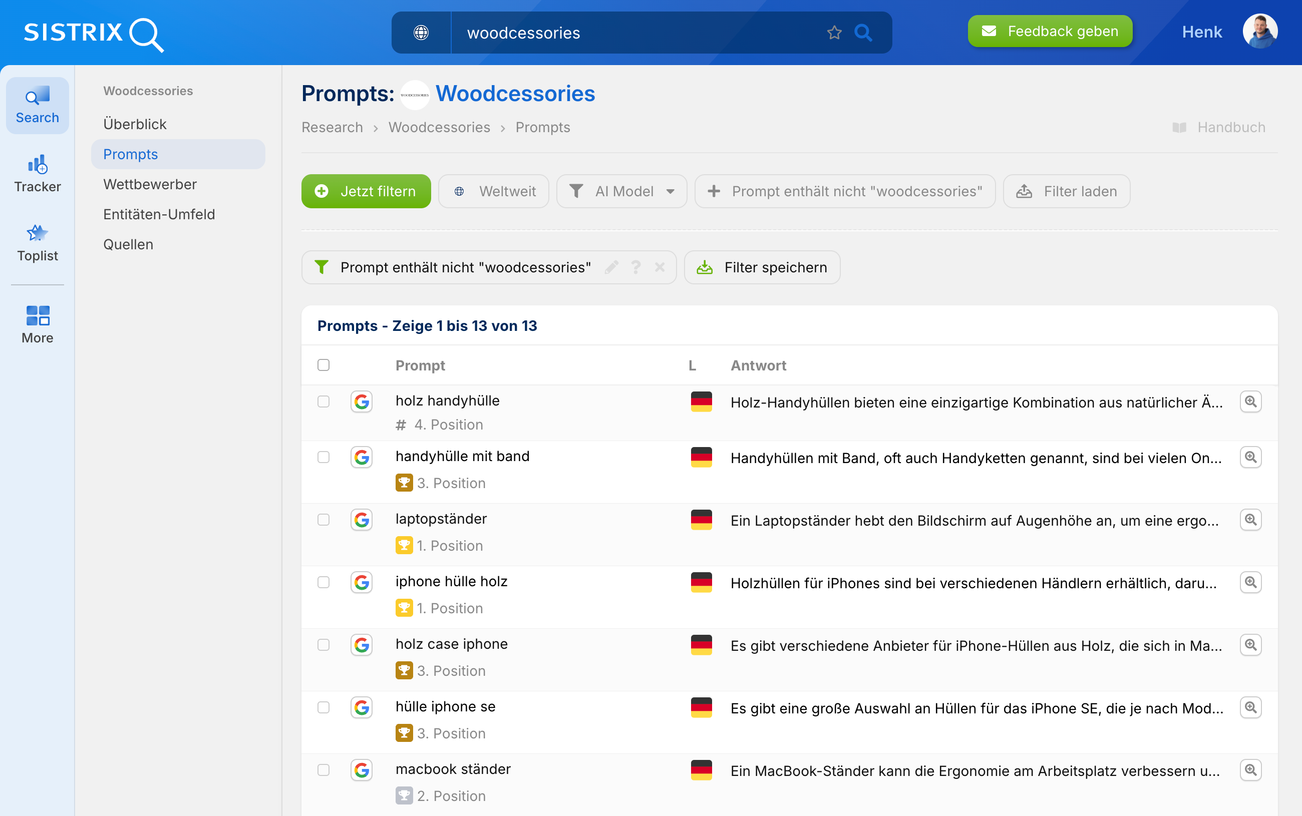 SISTRIX Prompt Übersicht zu Woodcessories mit generierten Antworten und Filter für nicht markenspezifische Prompts