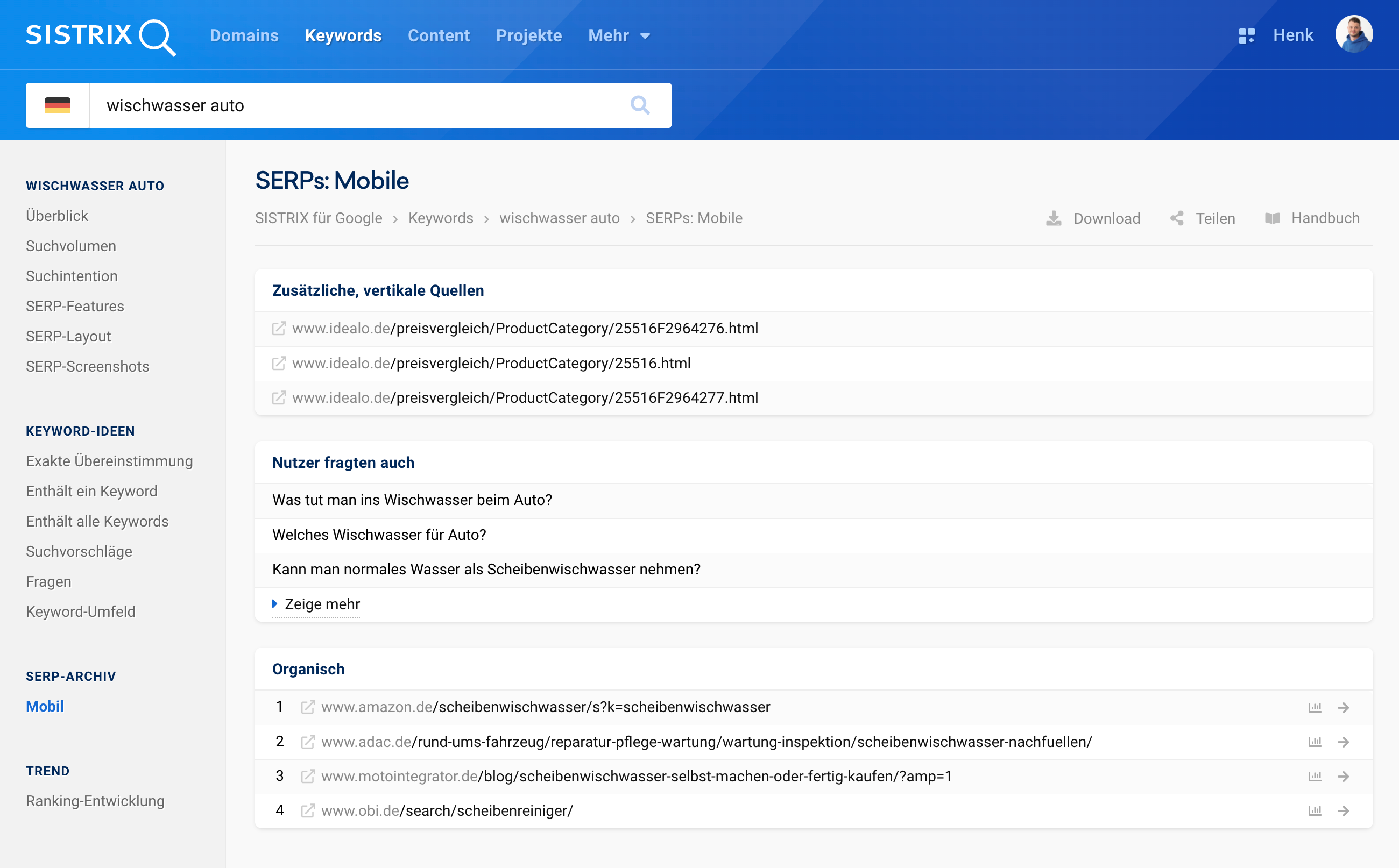 Mobile SERP Ansicht für das Keyword Wischwasser Auto mit zusätzlichen Quellen und organischen Treffern.