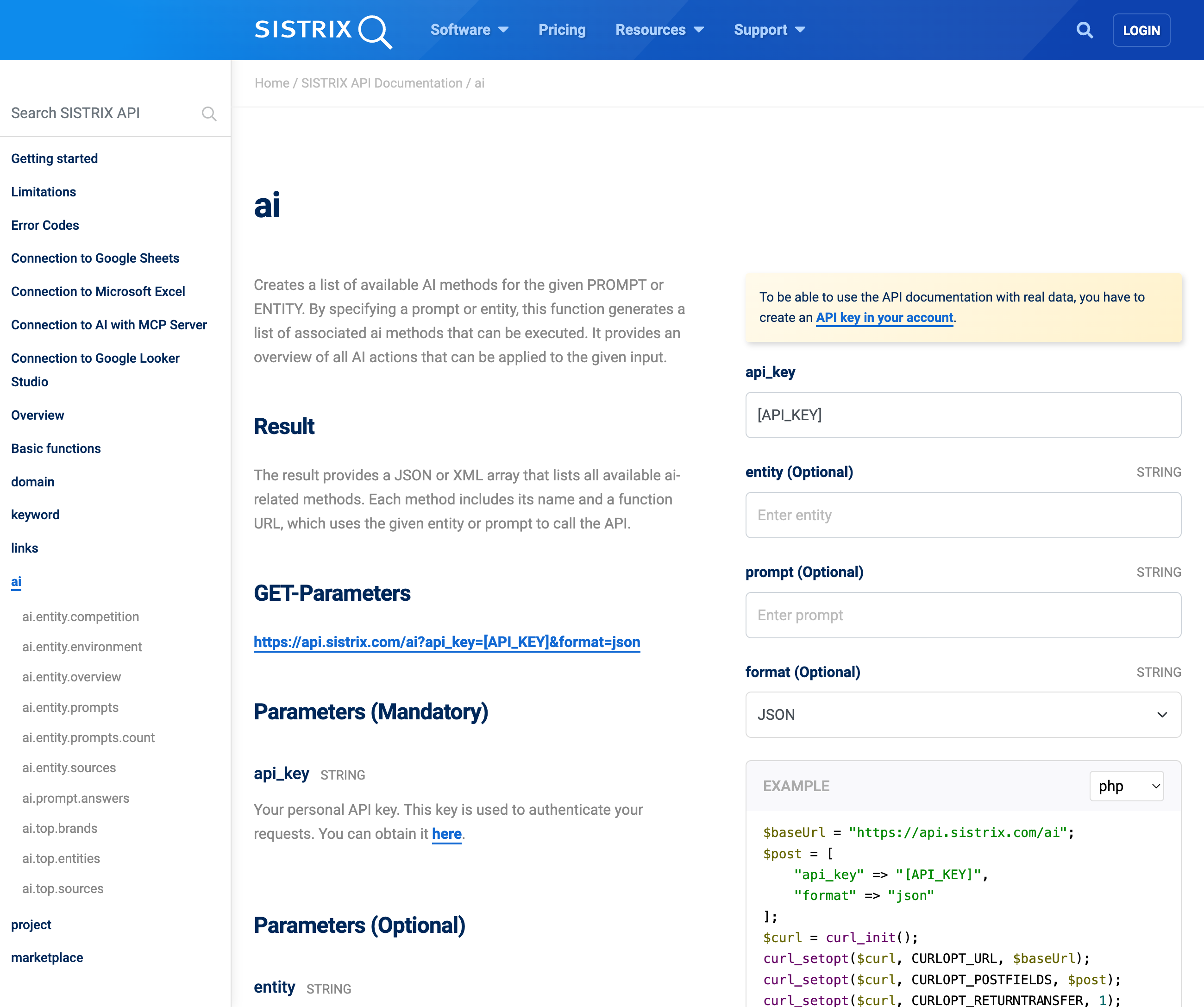 SISTRIX API Dokumentation für den Bereich AI mit Eingabefeldern für API Key, Entity, Prompt und Format sowie Code Beispiel und Parameter Übersicht.