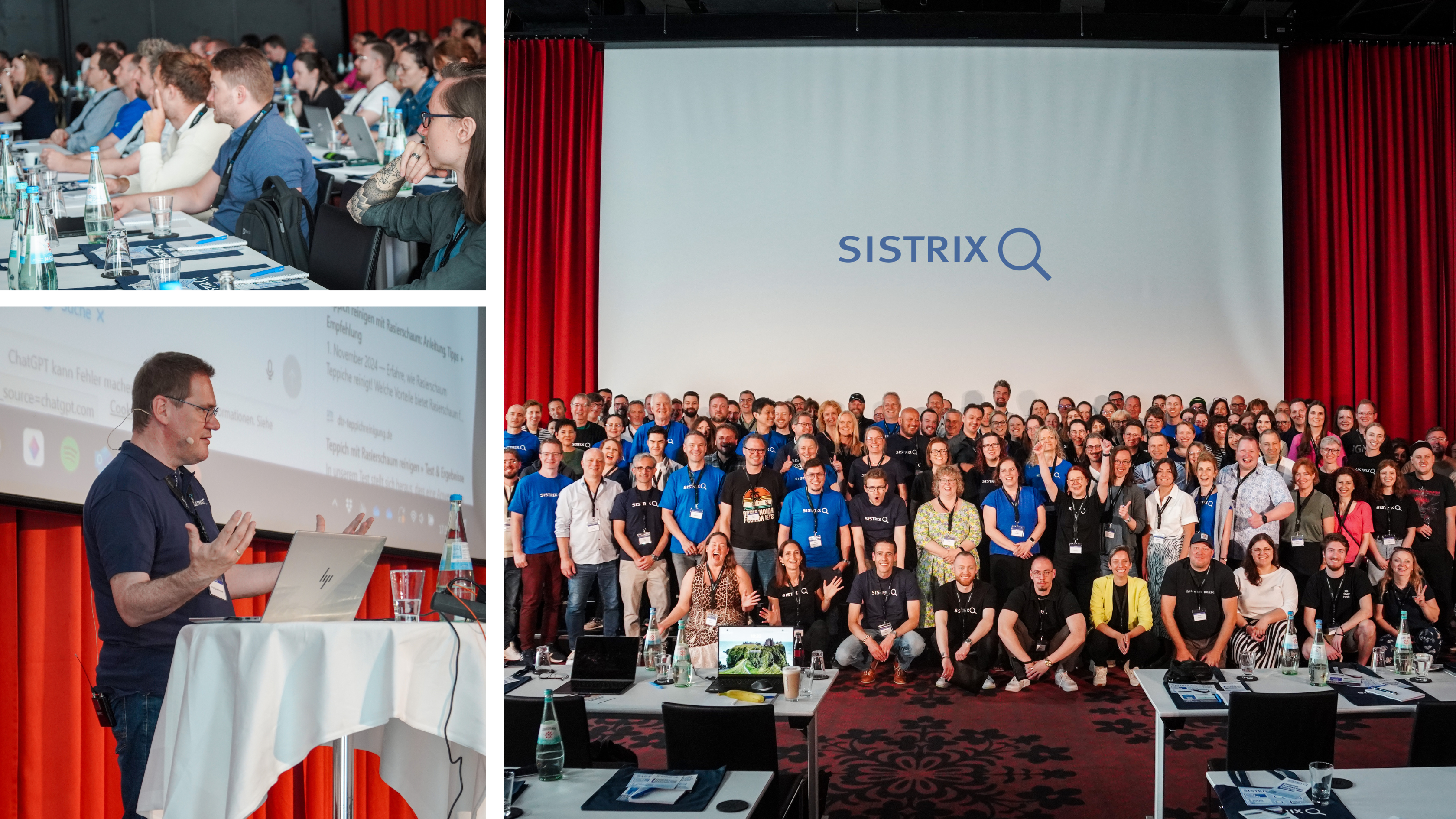 SISTRIX Seminarreihe mit vollem Saal, Vortrag und Gruppenfoto der Teilnehmenden.