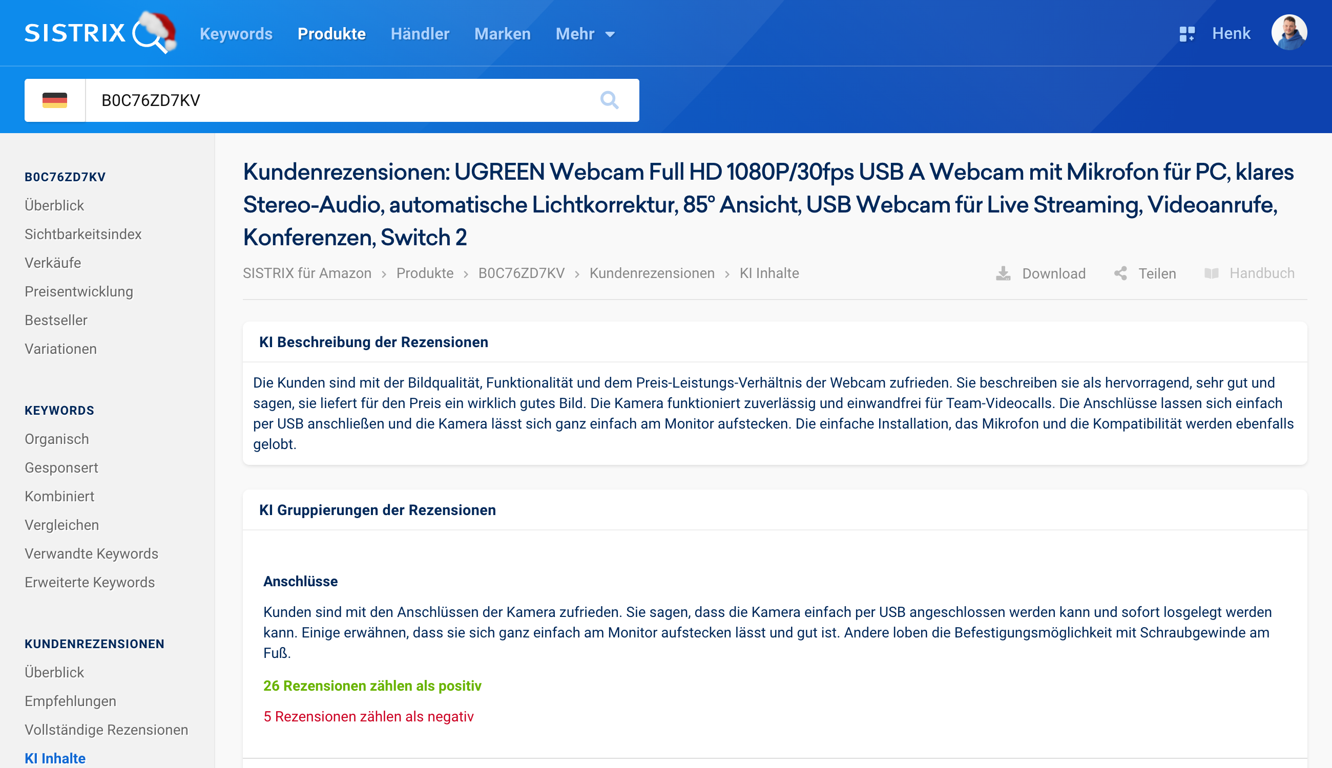 KI Auswertung von Amazon Kundenrezensionen mit Zusammenfassung, thematischer Gruppierung und positiver sowie negativer Bewertung für eine UGREEN Webcam.