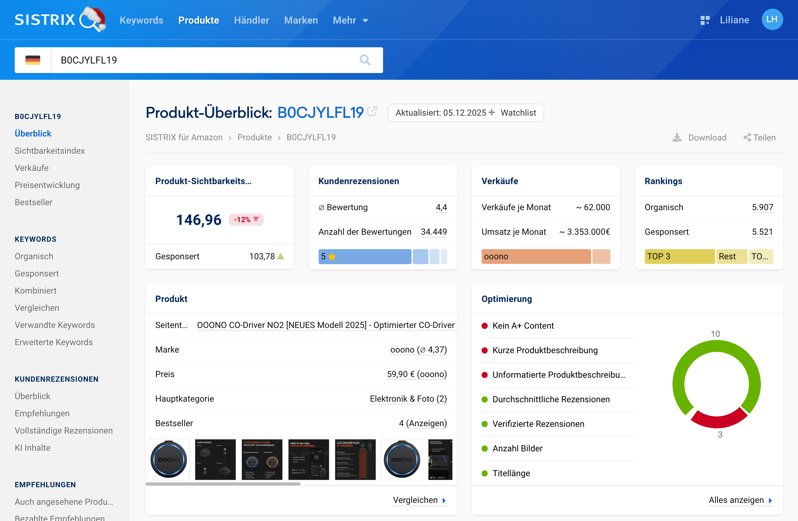 Übersicht des Blitzer-Warners auf SISTRIX für Amazon.