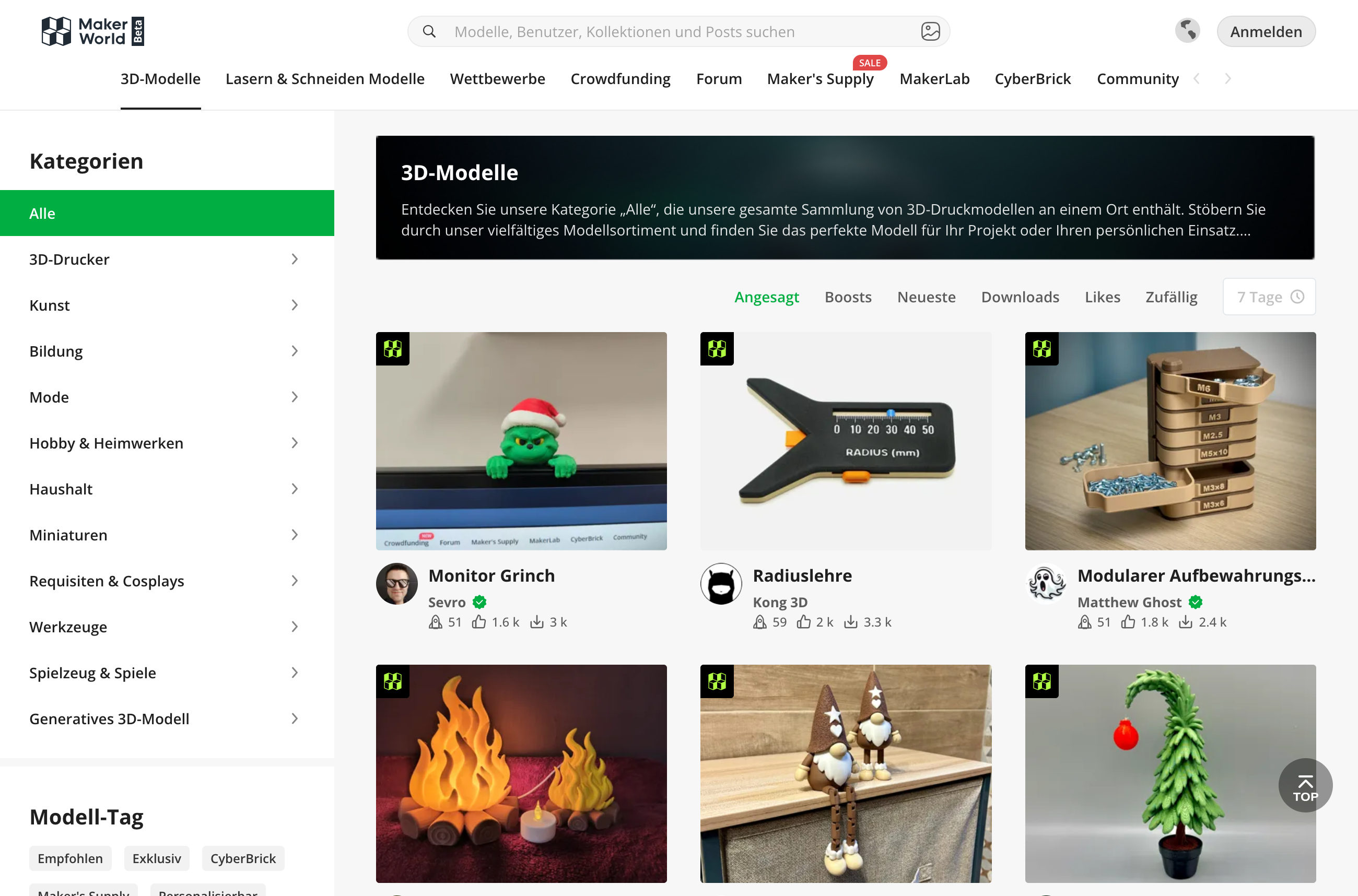 3D-Modelle-Übersicht für alle vorhandenen Modelle, mit einer Auswahl an spezifischeren Unterkategorien auf der linken Seite.
