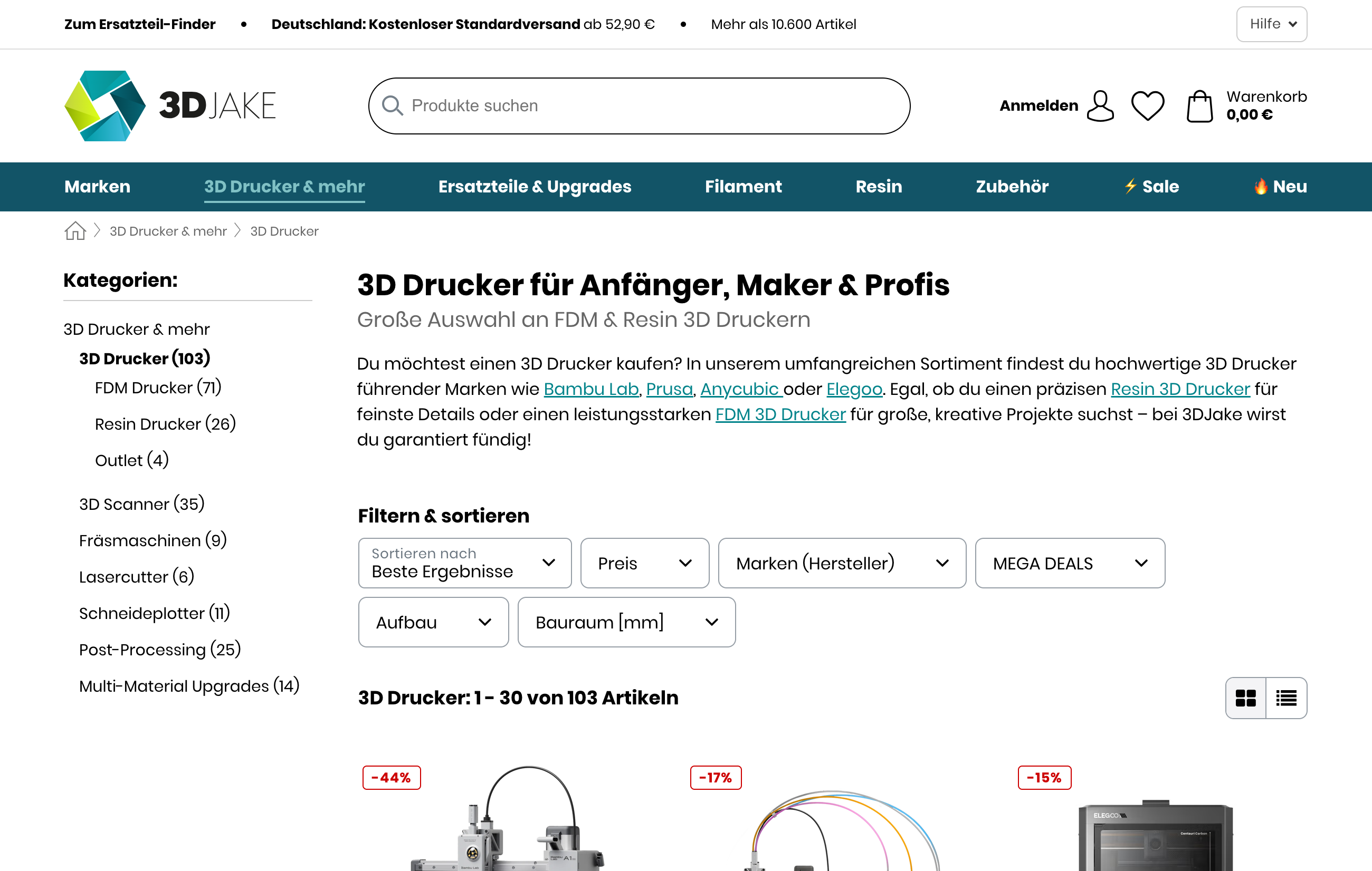 Übersicht der 3D-Druck-Seite auf 3djake.de mit den Unterkategorie-Seiten für FDM-, Resin-Drucker und Outlets sichtbar. 