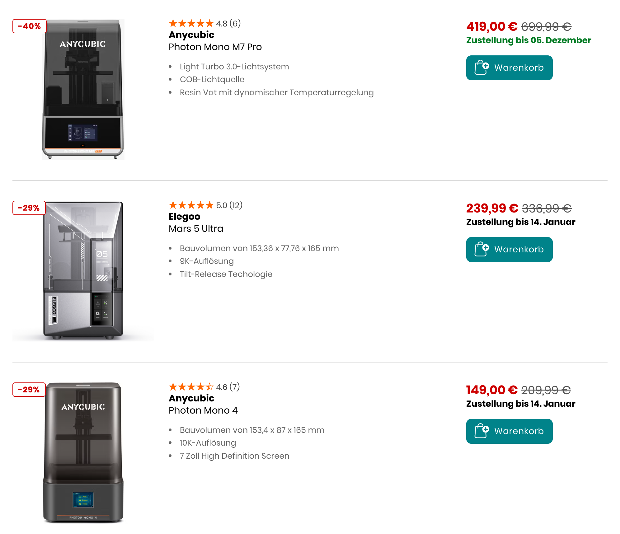 Beispiel der Darstellung von 3D Druckern auf 3djake.de, das klar die Aufteilung der abgebildeten Informationen zu jedem Drucker aufzeigt.