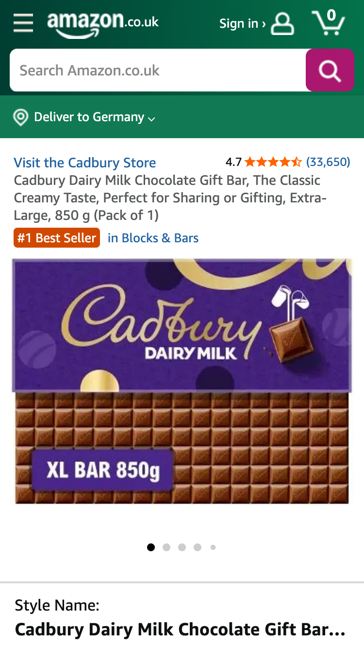 Cadbury Dairy Milk XL Schokoladenriegel Produktseite auf Amazon UK.