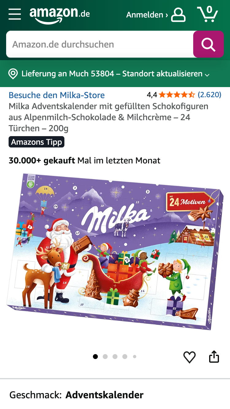 Milka Schokoladen Adventskalender Produktseite auf Amazon.