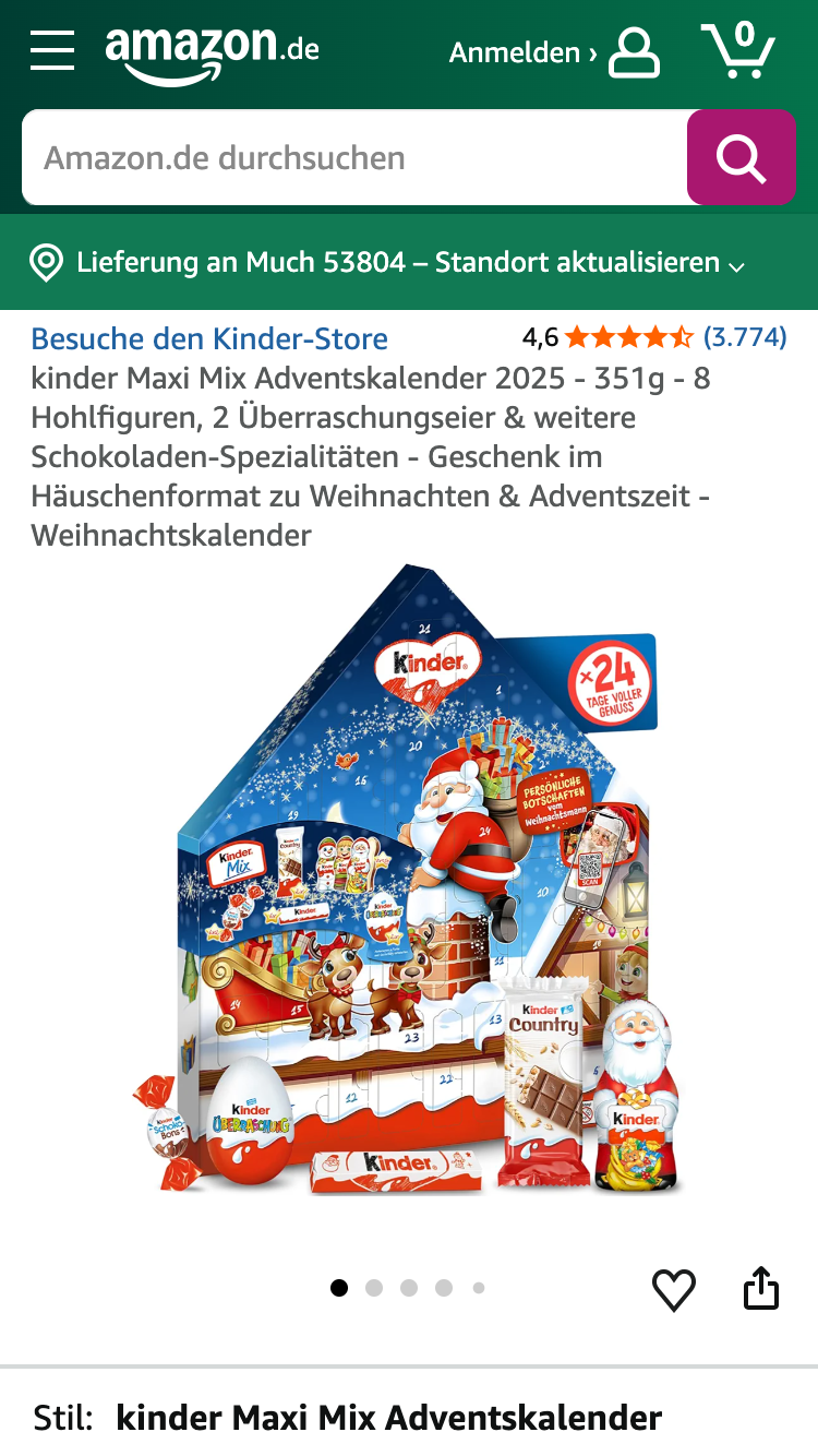 Kinder Maxi Mix Adventskalender Produktseite auf Amazon.
