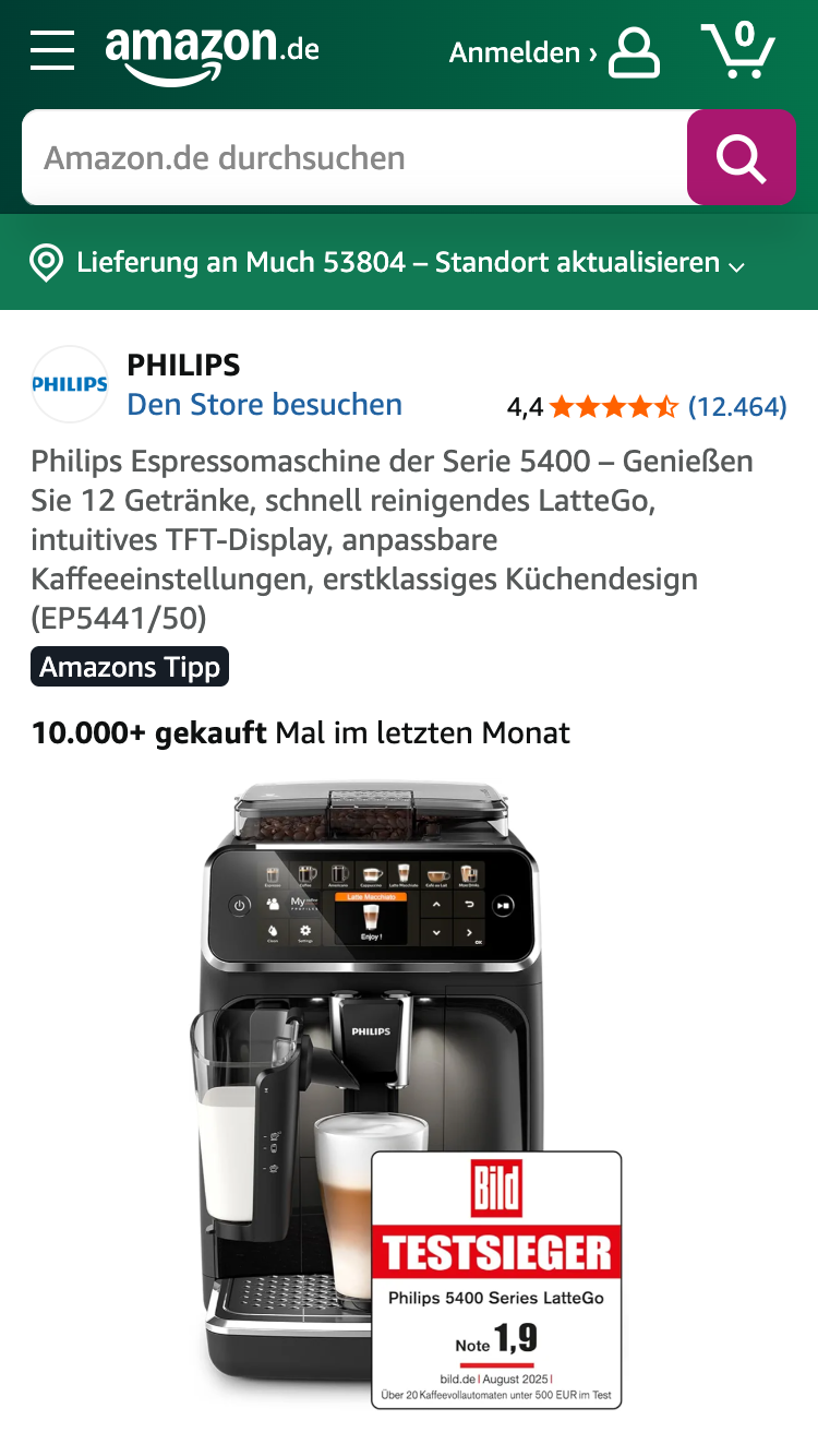 Philips LatteGo 5400 Kaffeevollautomat Produktseite auf Amazon.
