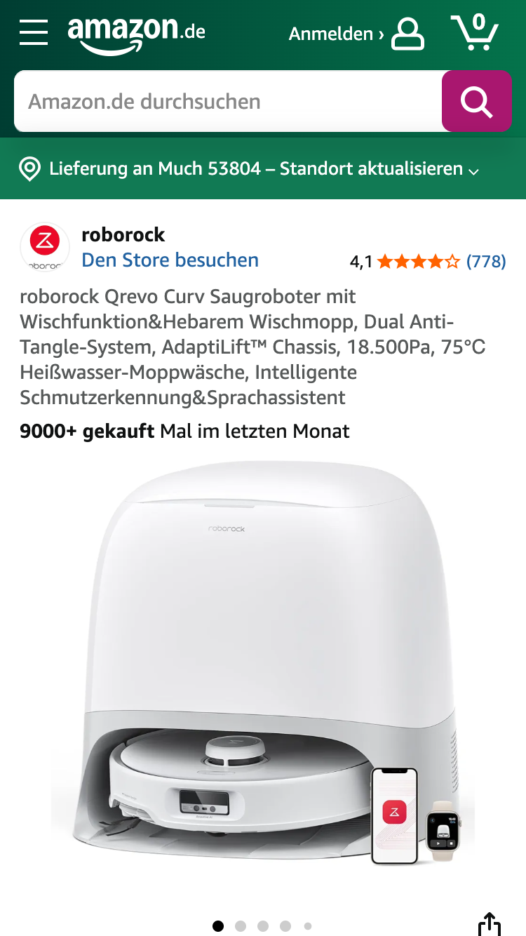 Roborock Qrevo Curv Saugroboter Produktseite auf Amazon.