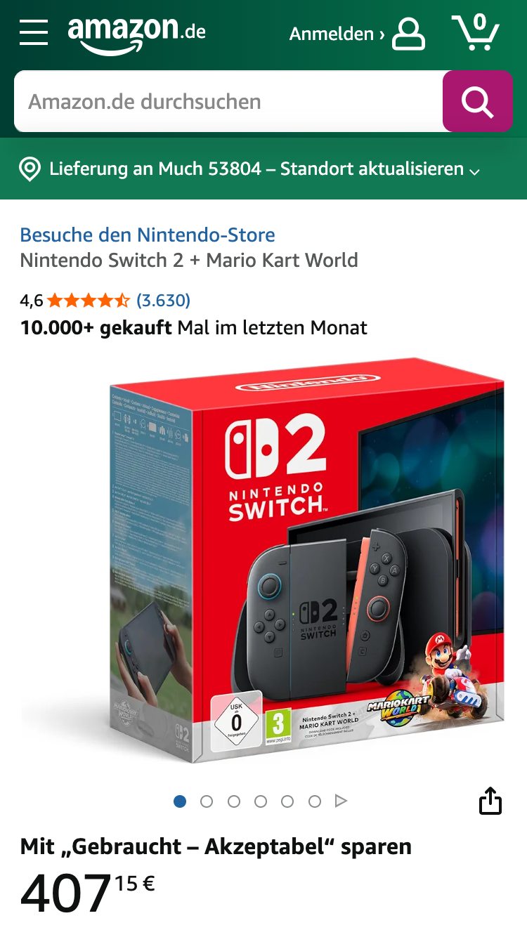 Nintendo Switch 2 mit Mario Kart Produktseite auf Amazon.