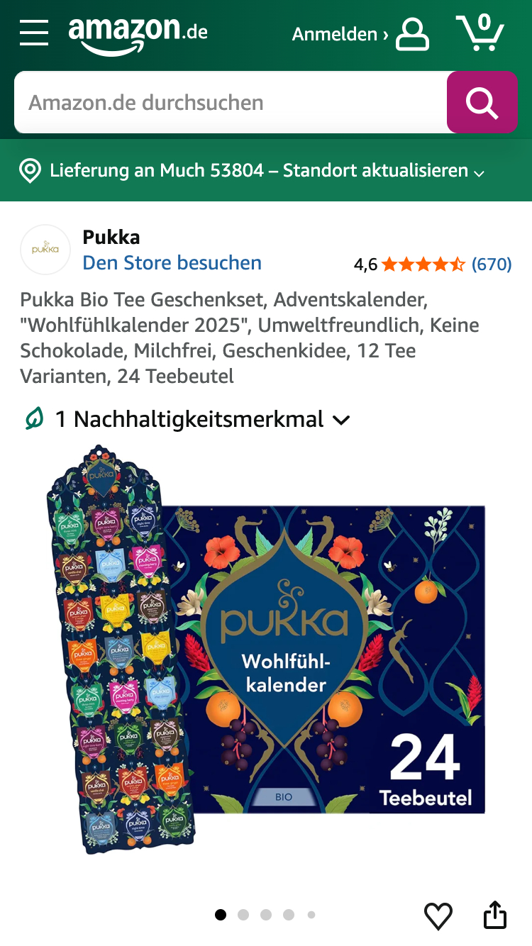 Pukka Tee Adventskalender Produktseite auf Amazon.