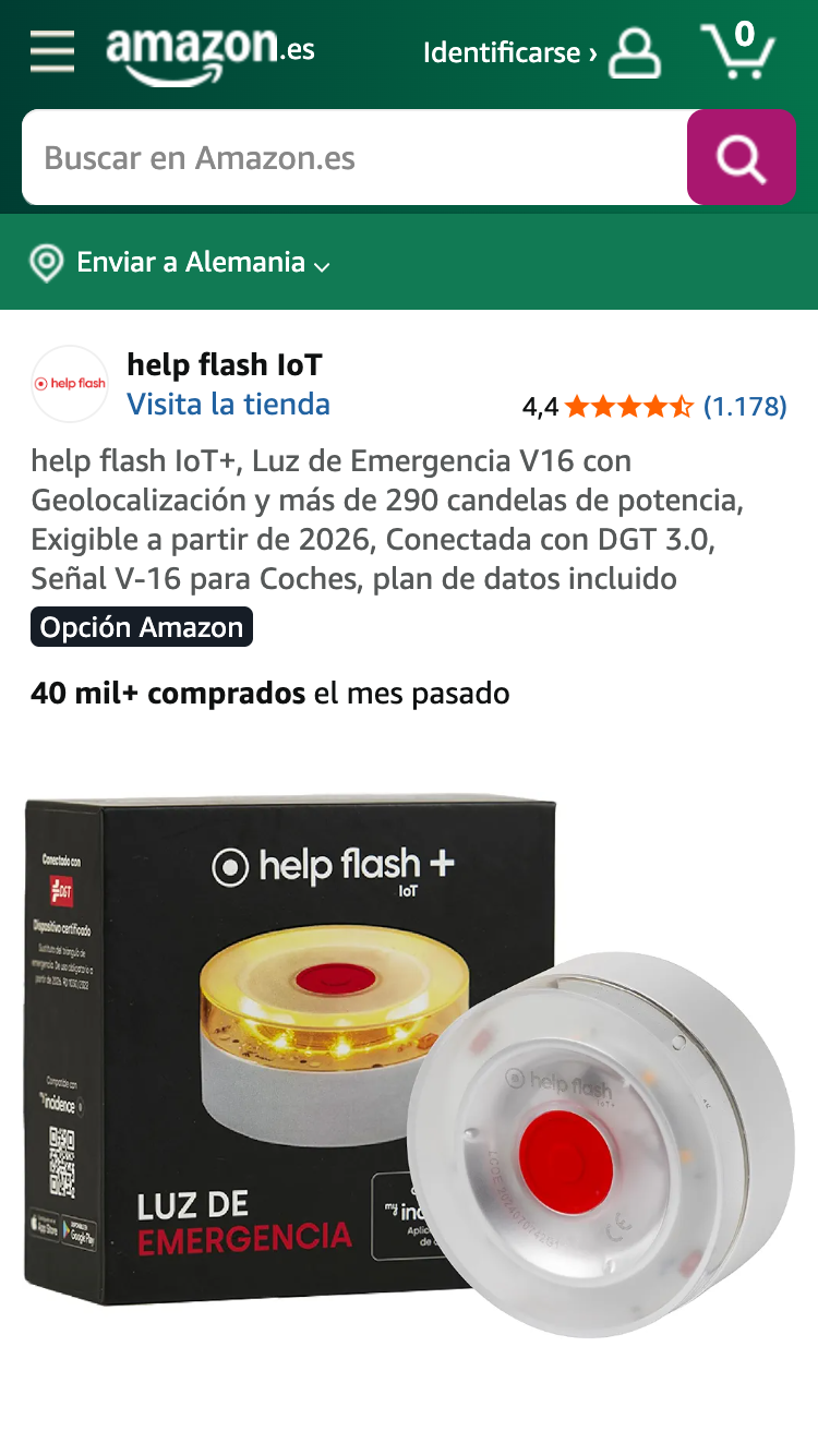 Help Flash IoT Notfall Warnlicht Produktseite auf Amazon Spanien.