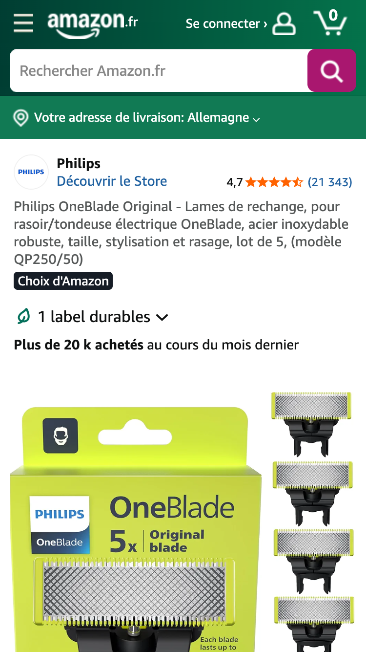 Philips OneBlade Ersatzklingen Produktseite auf Amazon Frankreich.