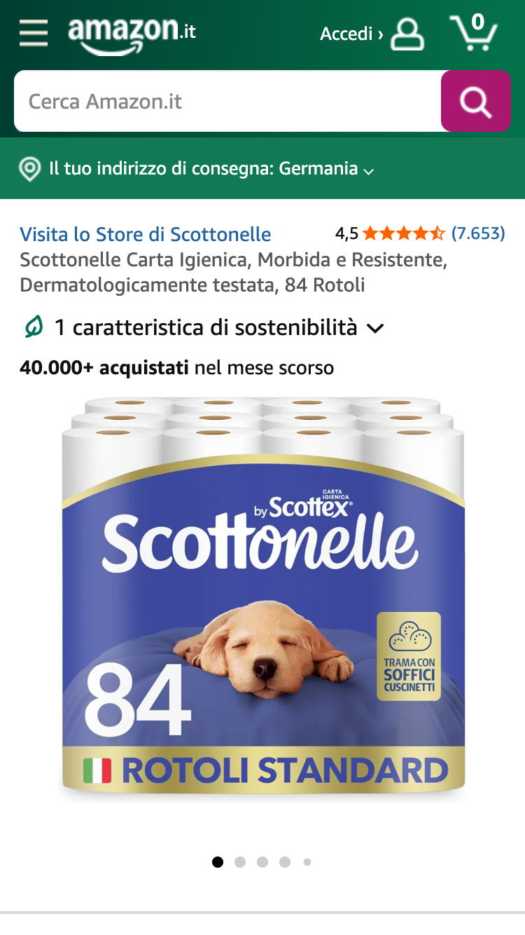 Scottonelle Toilettenpapier Produktseite auf Amazon Italien.